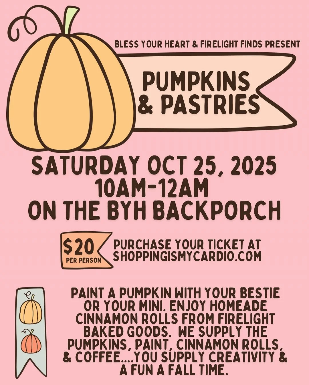 Raise your hand if you need a girly morning filled with carbs, crafting and coffee! 🙋&zwj;♀️ We partnered with our besties at @firelightfinds to plan just that! October 25th we will have pumpkin painting party with the yummiest cinnamon rolls and co