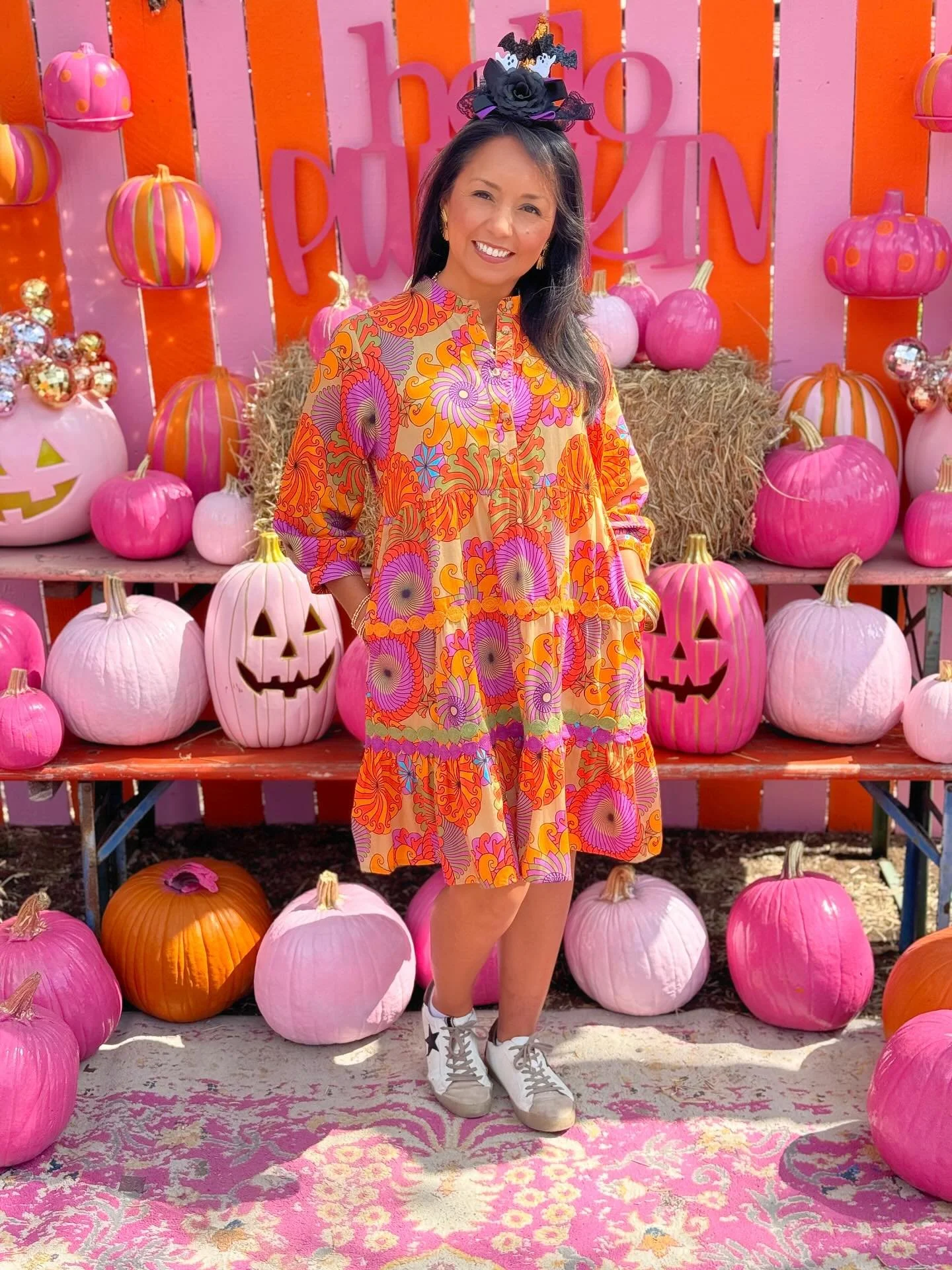 Pink and orange and happy all over! 🩷🎃🩷 This new @ivyjaneinc dress came in the day we installed the patch! It&rsquo;s the perfect pair! #pinkpumpkinpatch #somebodyhastobethecutest #partyinthepatch #sanantoniopumpkinpatch #blessyourheart