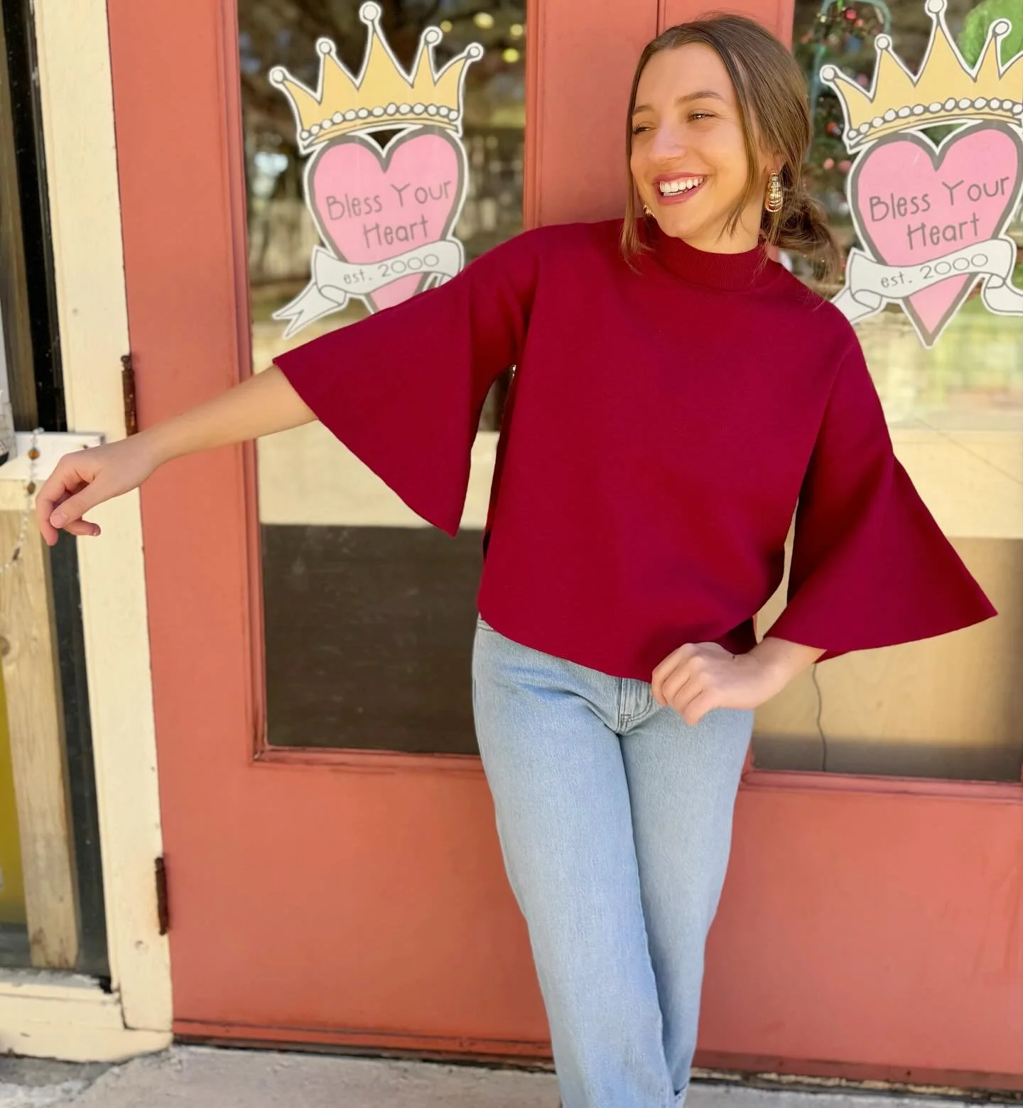 Since Texas hasn&rsquo;t decided to fully embrace the cooler temps we have the softest but not too warm sweaters for ya! This maroon one is a favorite! 🤍🤍🤍 #blessyourheart #somebodyhastobethecutest