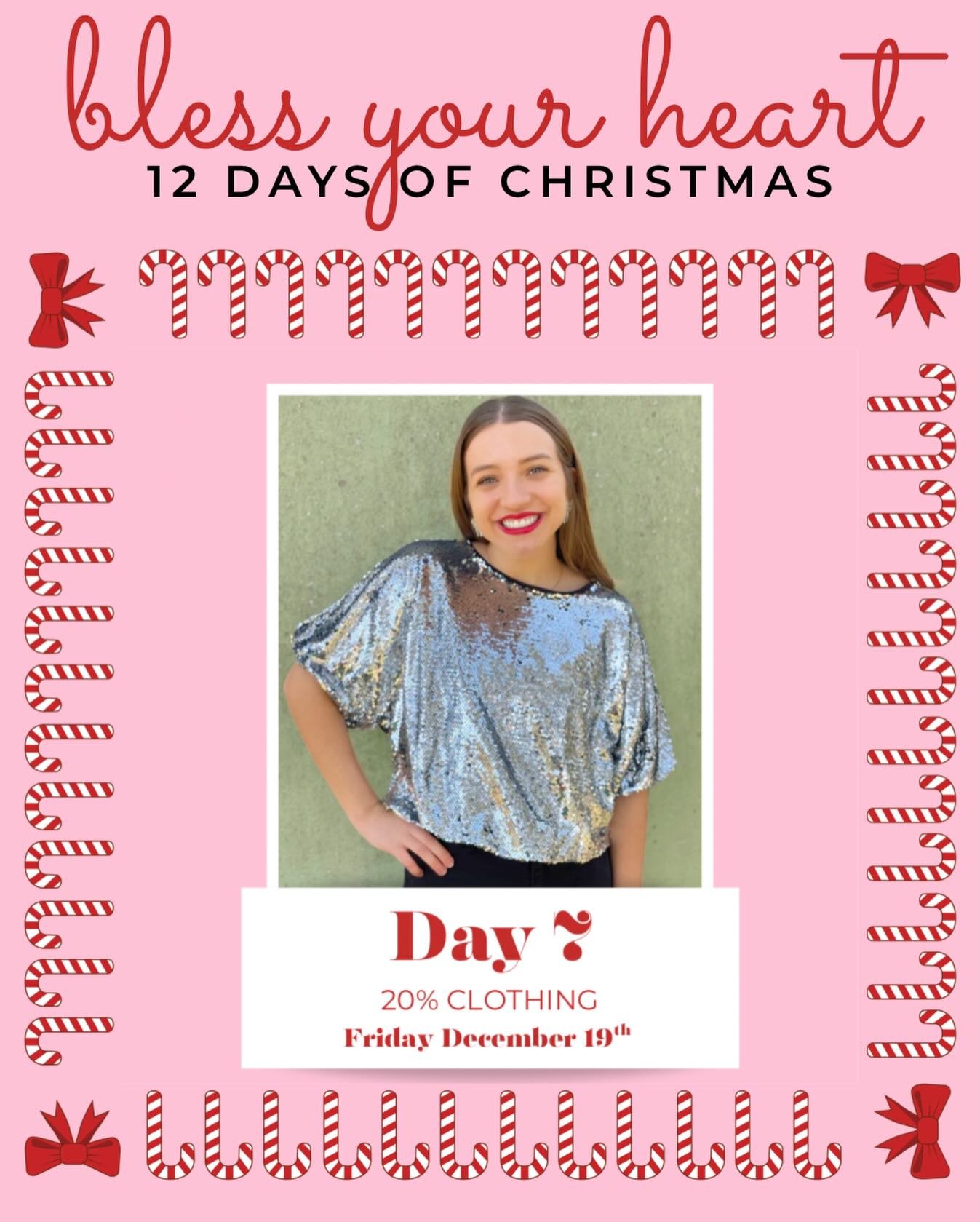 Day 7 will be a fun one!!! 20% off clothing! It&rsquo;s the perfect day to grab your Christmas Eve outfit or some perfectly cozy gifts. &hearts;️&hearts;️&hearts;️&hearts;️