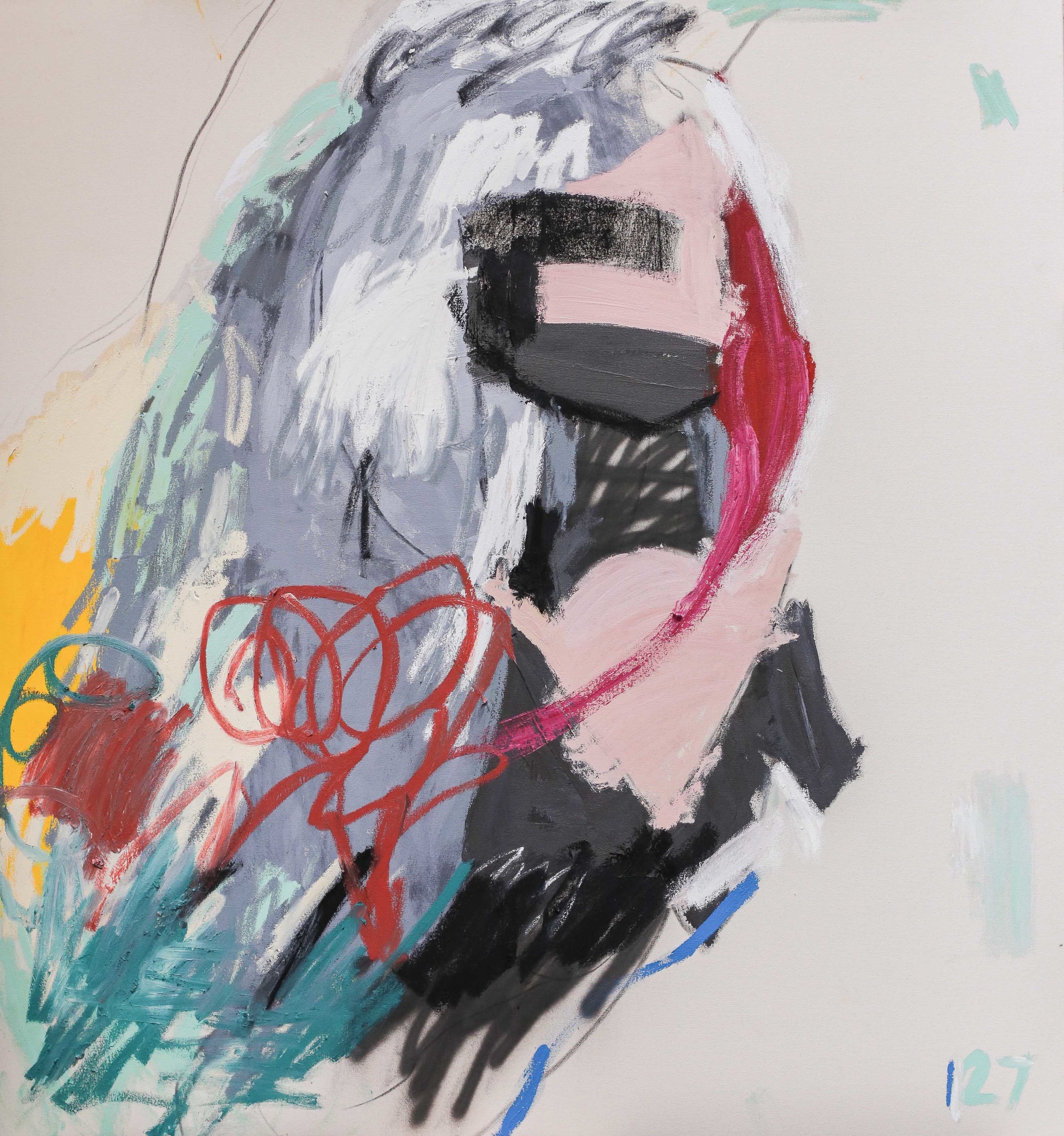 Twenty Seven , spray paint, acrylic paint, oil stick and charcoal on canvas, 64" x 60", 2017