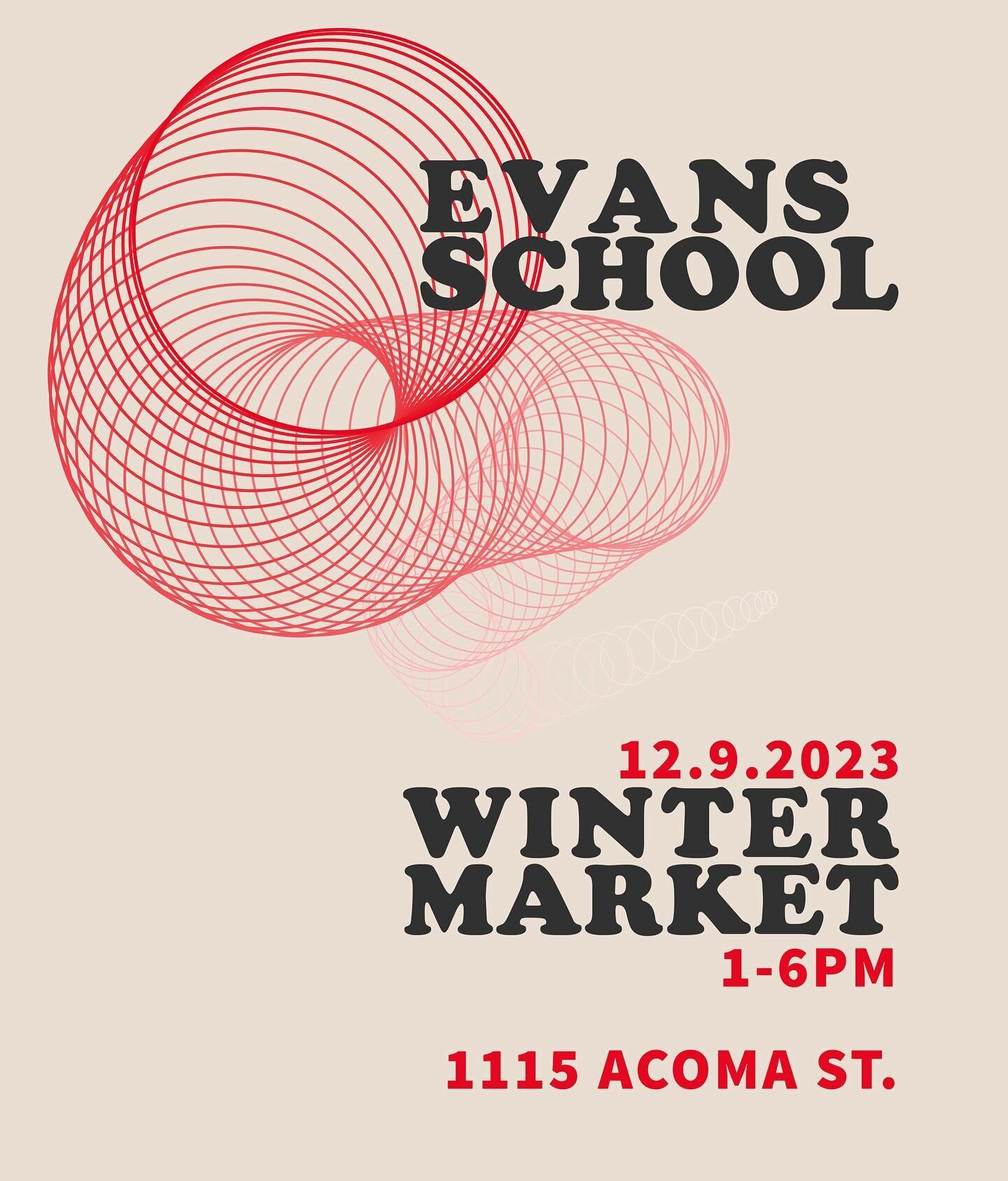 Join us for the 2023 Evans School Winter Market next Saturday!

Saturday, December 9th from 1 - 6pm
The Evans School
@denverevansschool 
1115 Acoma Street, Denver, 80204

Visitors will be able to explore the building and see how artists have transfor
