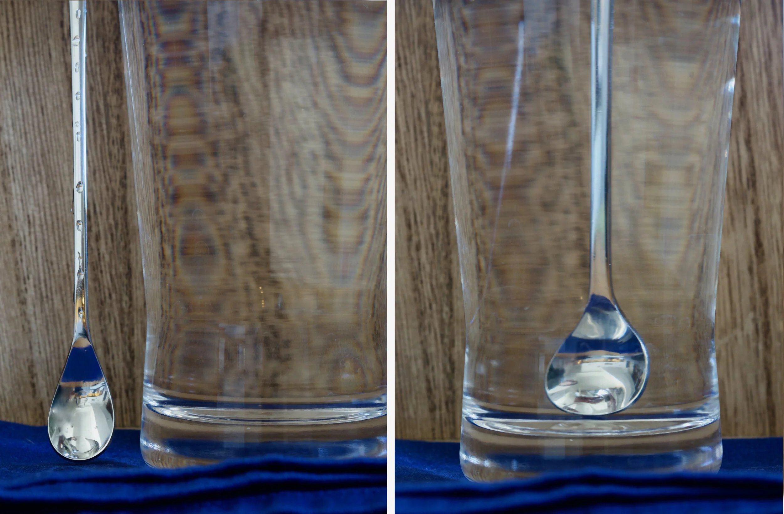 On the right: a spoon next to a glass of water.   On the left: the same spoon at the back of the glass, its image refracted by the water.