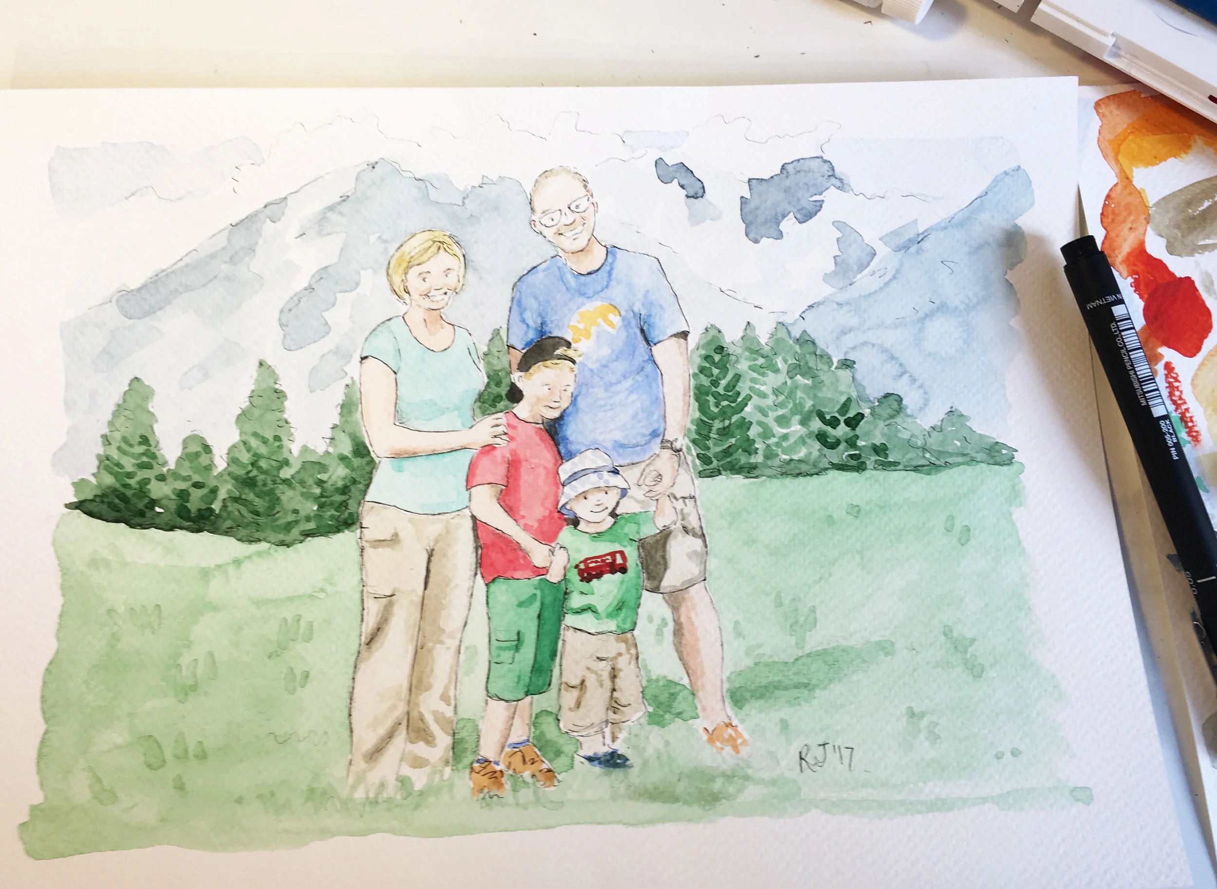 Example of a commission piece. Family portrait in watercolour. Please contact me for a quote.
