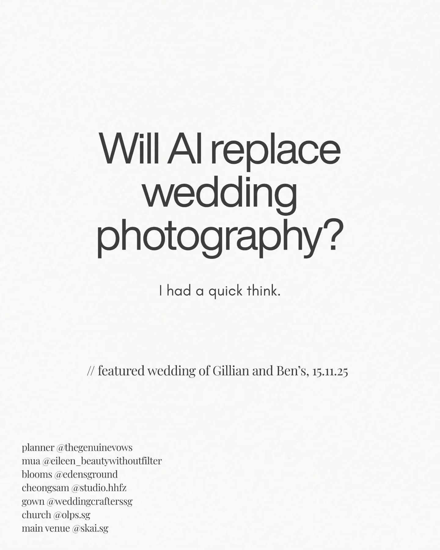 I was recently asked by @ncybennett, an industry friend to help complete a survey with the agenda of finding out if AI has impacted the wedding world.
So I dived a little deeper into my mind space and wondered if AI could truly replace our work. If i