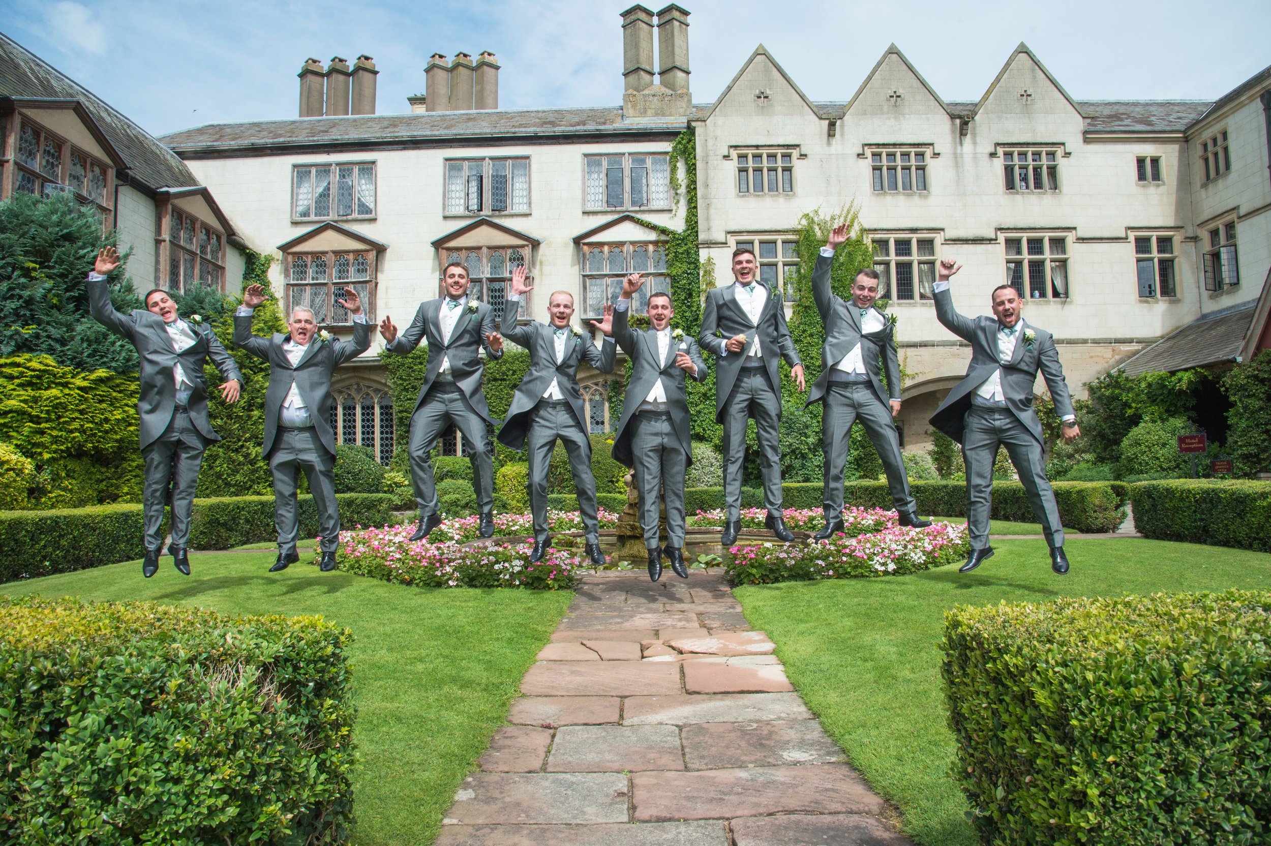 Groomsmen jumping Coombe Abbey Coventry