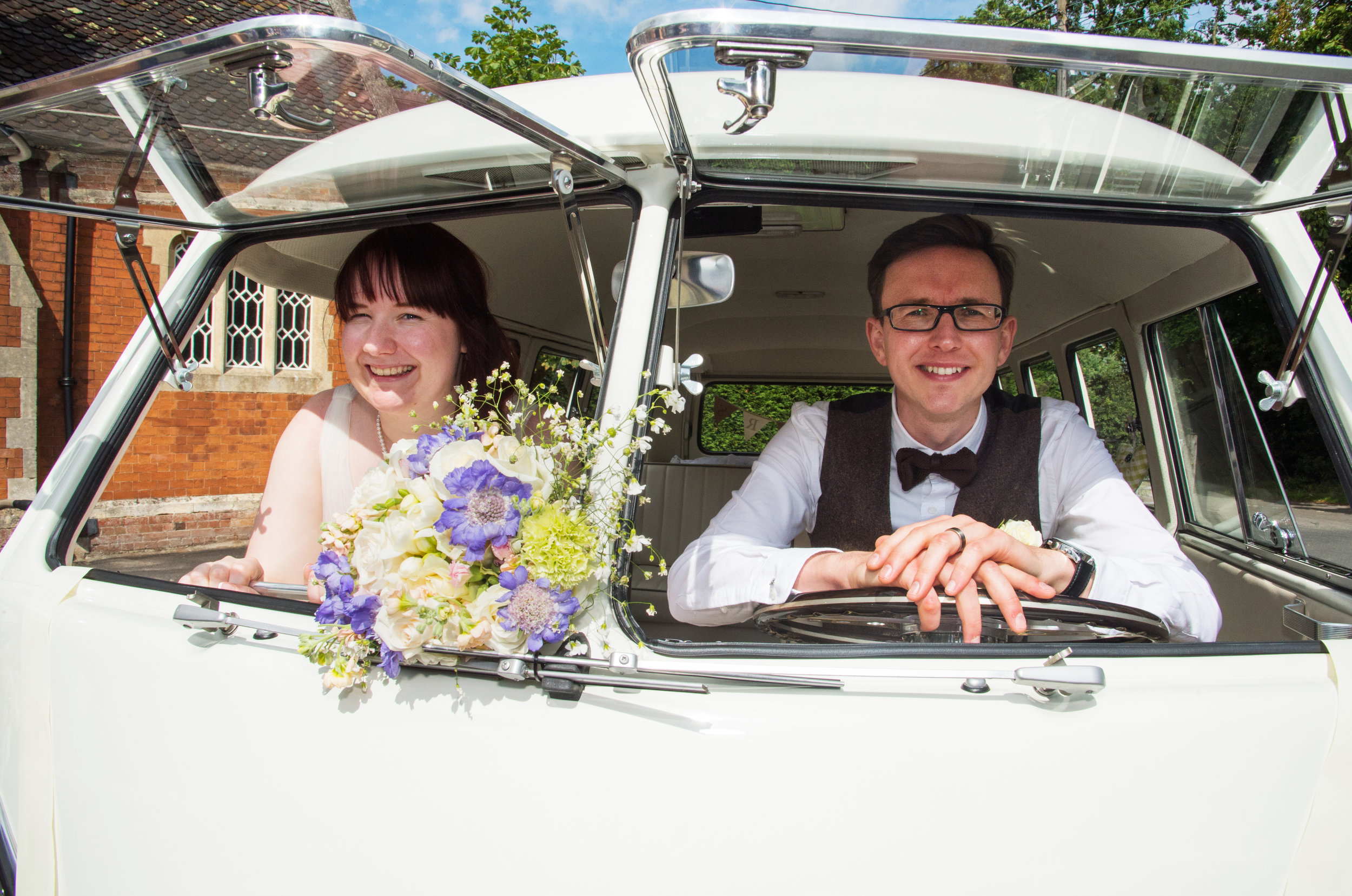 Bride and Groom in vw camper Hatton Village Hall Stratford Upon Avon Warwickshire