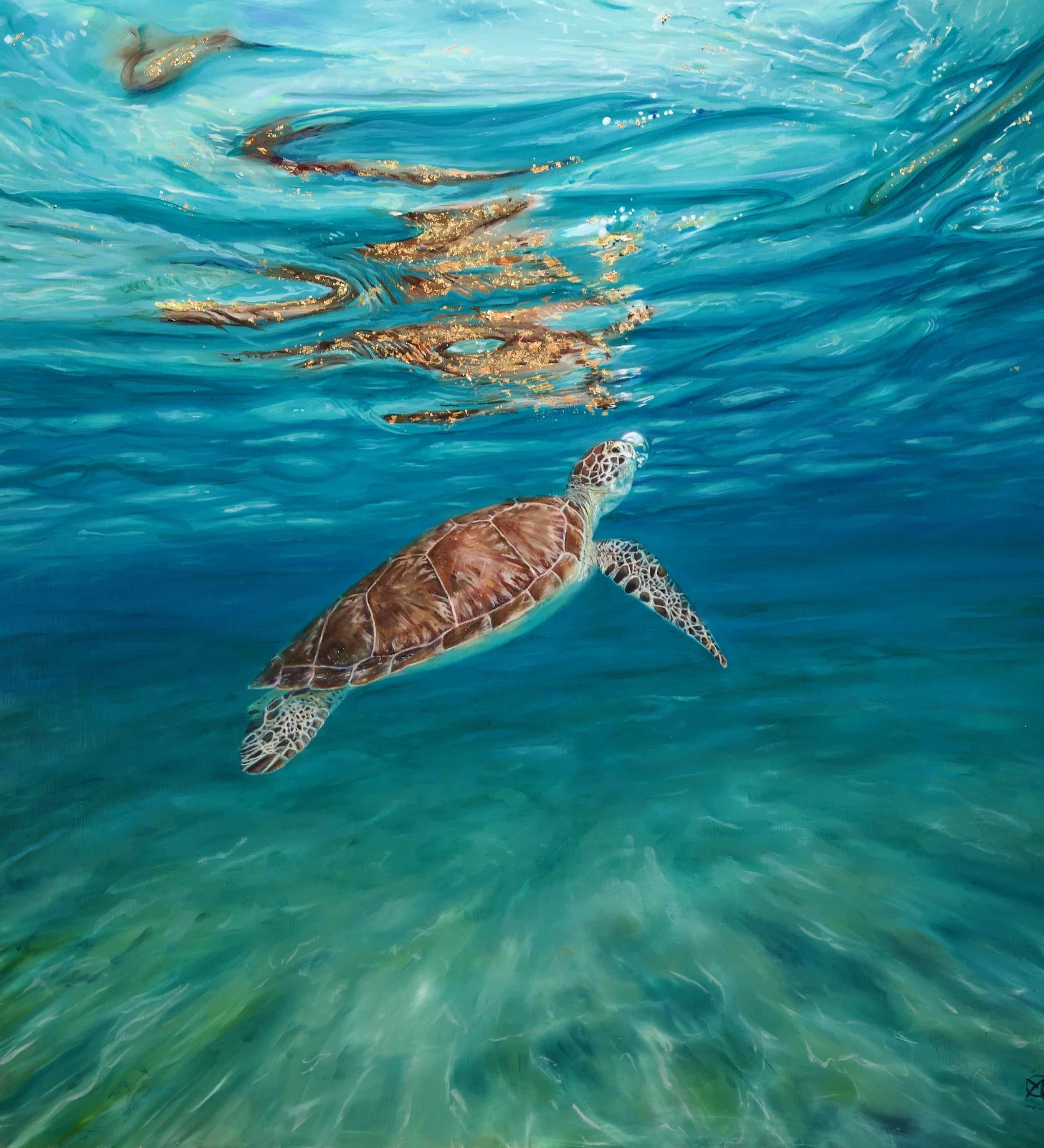 Sea turtle painting, oil painting , marine wildlife