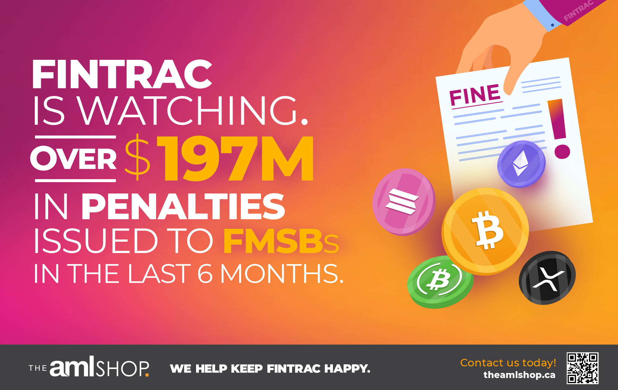 An image with a penalty document that reads FINE and virtual currency images with text overlay FINTRAC is watching, over $197M in penalties issued to FMSBs in the last 6 months