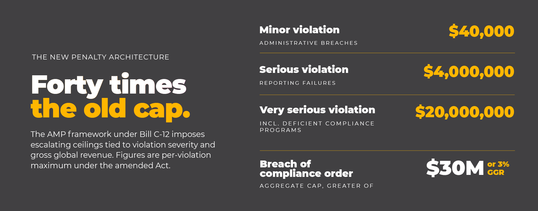 A graphic detailing new Administrative Monetary Penalty structure from FINTRAC with the words Forty times the old cap and outlining minor violation ($40,000), Serious Violation ($4,000,000) and Very Serious Violation ($20,000,000)
