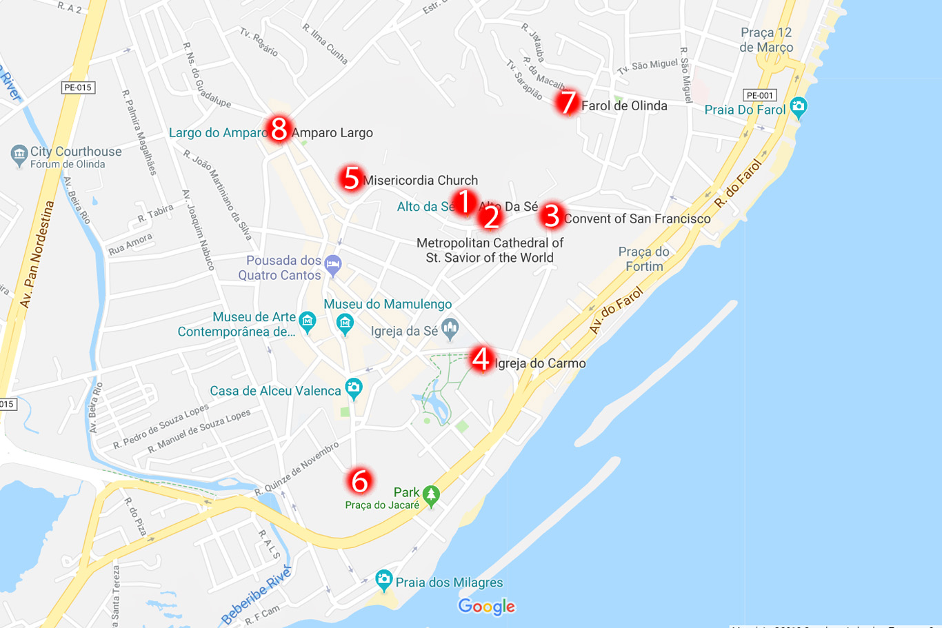 1. Alto Da Se - the viewpoint platform, 2. St. Savior of the World Church, 3. San Francisco Convent, 4. Church of Our Lady of Carmel, 5. Misericordia Church, 6. St. Benedict Monastery, 7. Farol de Olinda - the lighthouse, 8. Largo do Amparo - historical neighborhood 