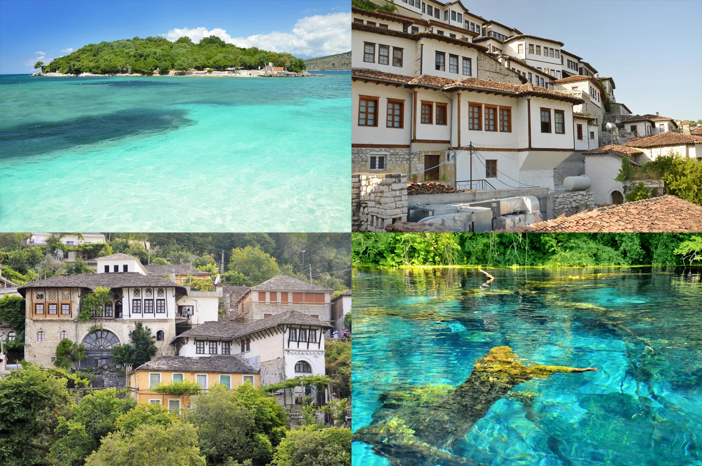From left to right: White sand beach in Ksamil, the town of thousand windows - Berat, the fairy-tale like town of Gjirokaster and the crystal cleat Blue Eye lake