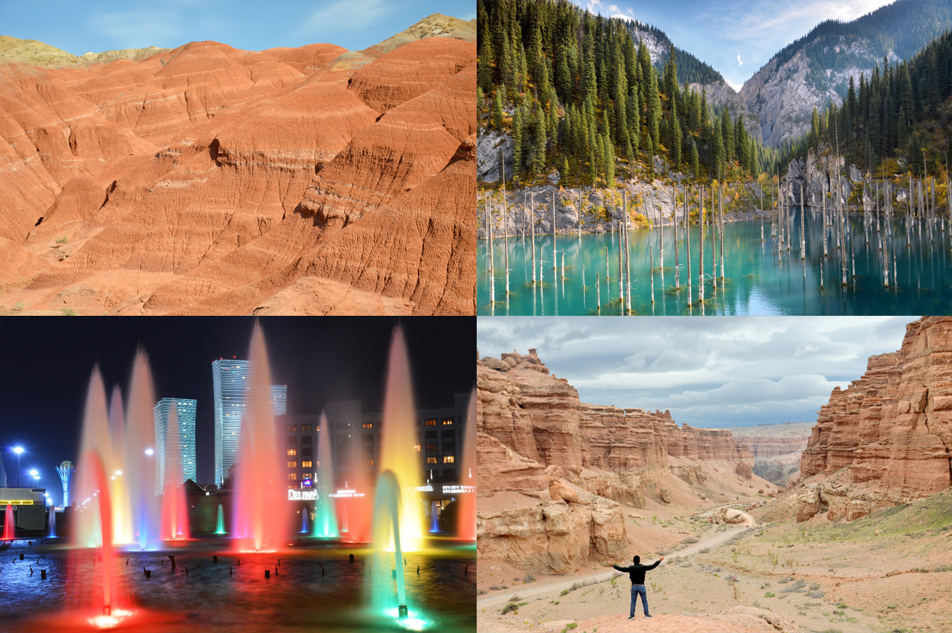From left to right: Red Aktau Mountains, flooded forest - Lake Kaindy, Astana at night and Charyn canyon