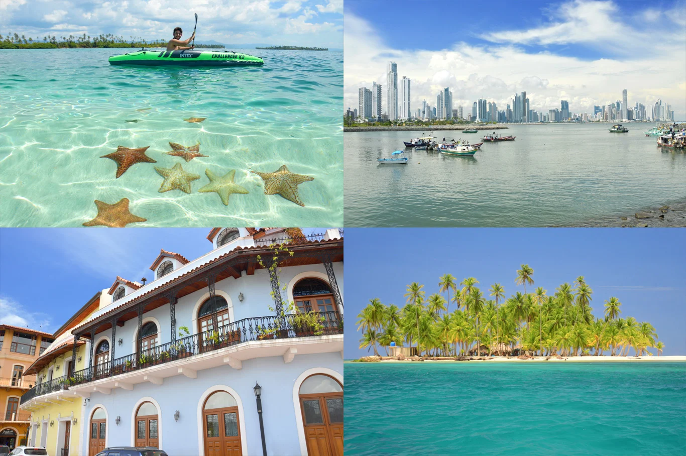 From left to right: Starfish in San Blas, skyscrapers in Panama City, Old town in Panama City and one of the paradise islands in San Blas archipelago