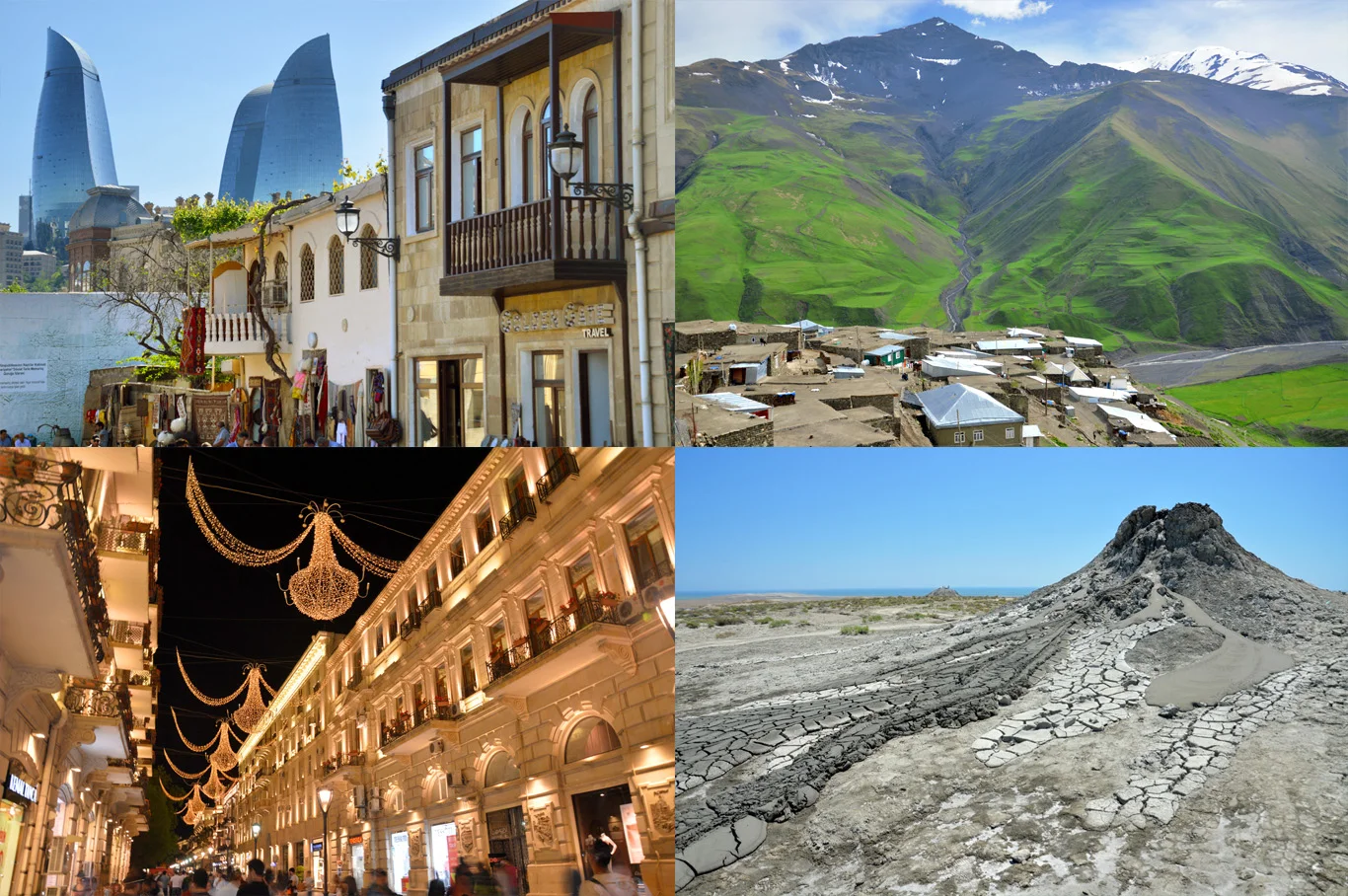 From left to right: Baku Old Town, the village of Khinalug in the Caucasian Mountains, Baku at night and mud volcano