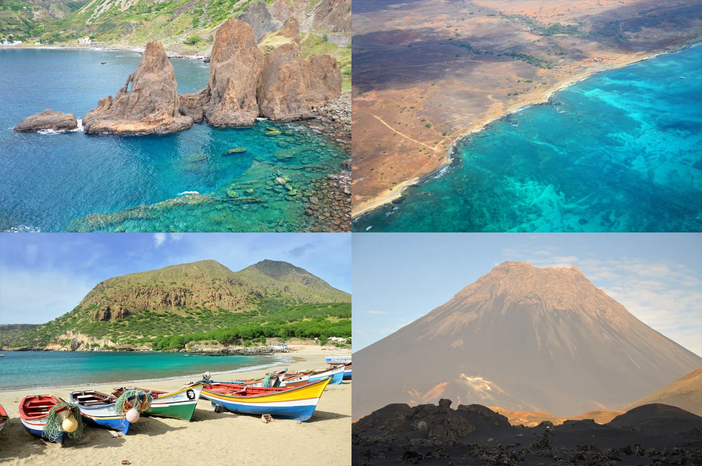 From left to right: Cliffs in Brava, the aerial view of Sal island, boats in Santiago and the volcano peak in Fogo