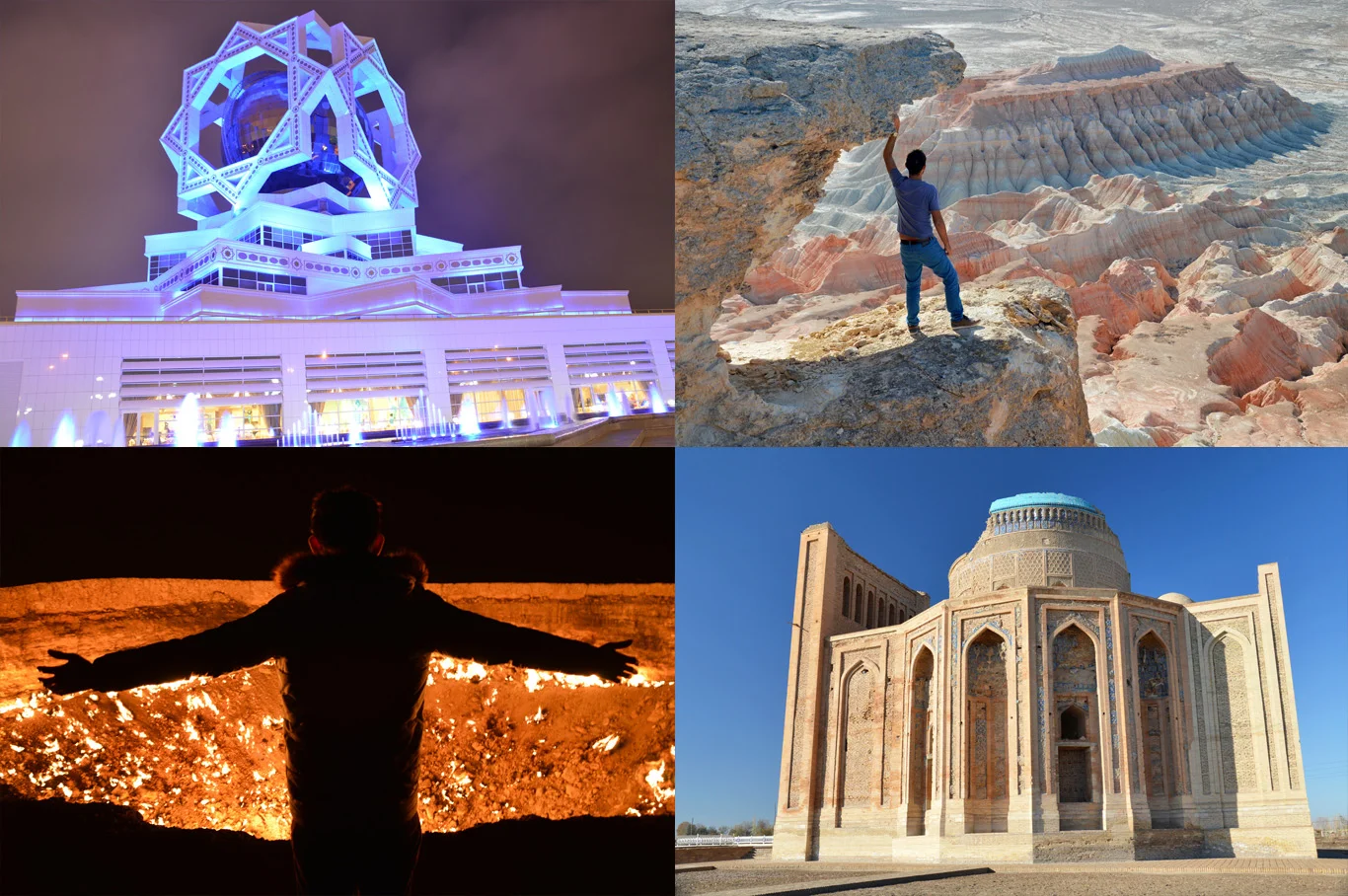 From left to right: Wedding Palace in Ashgabat, Yangykala Canyons "crocodile jaw", Darvaza - Door to Hell Crater and Dashoguz - on the Silk Road