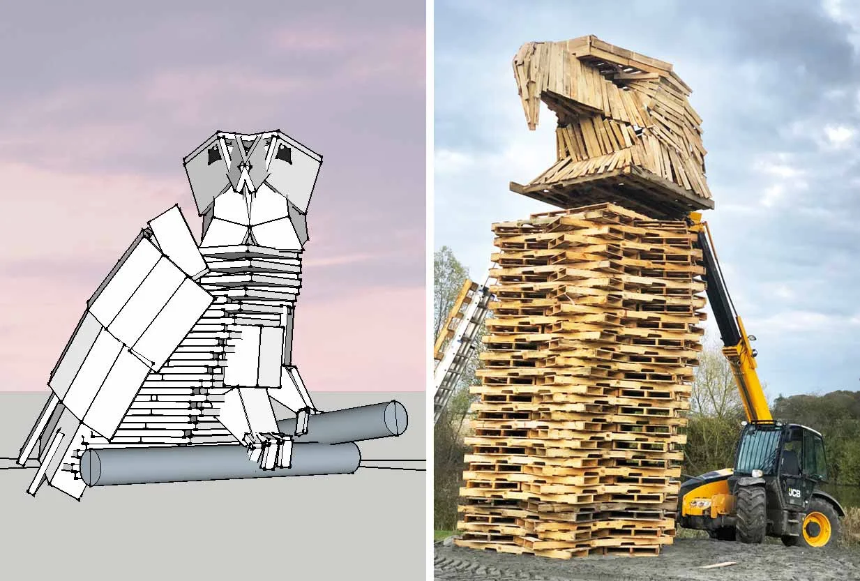 The 3D computer model of the hawk next to a photo of the real thing, mid-build.