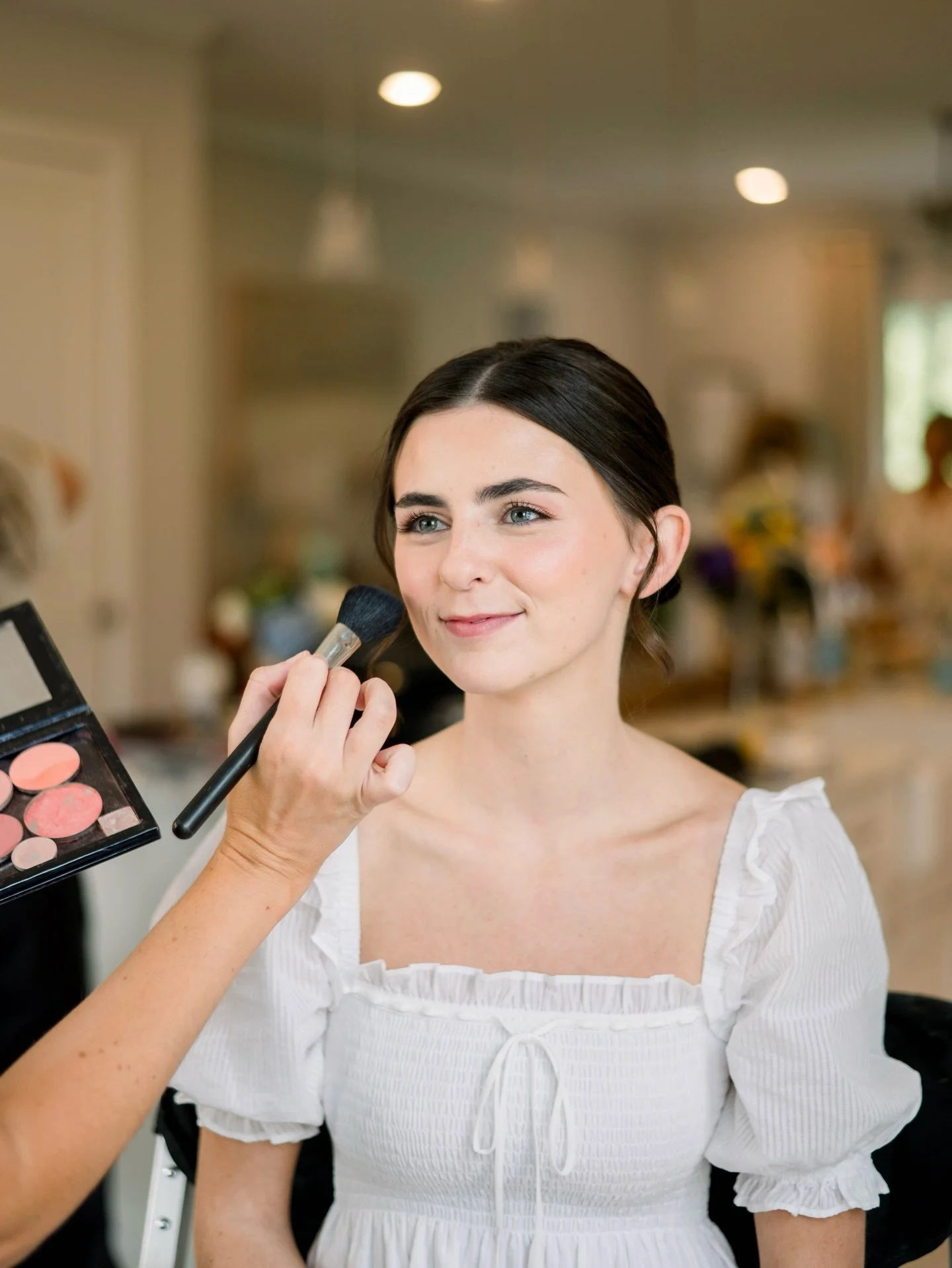 a getting ready moment with @emilyannklaus &amp; @rachfergphoto ✨🩰🪽 I love the soft glowy pinks we used in a classic way for Emily&rsquo;s wedding day look! 🤍