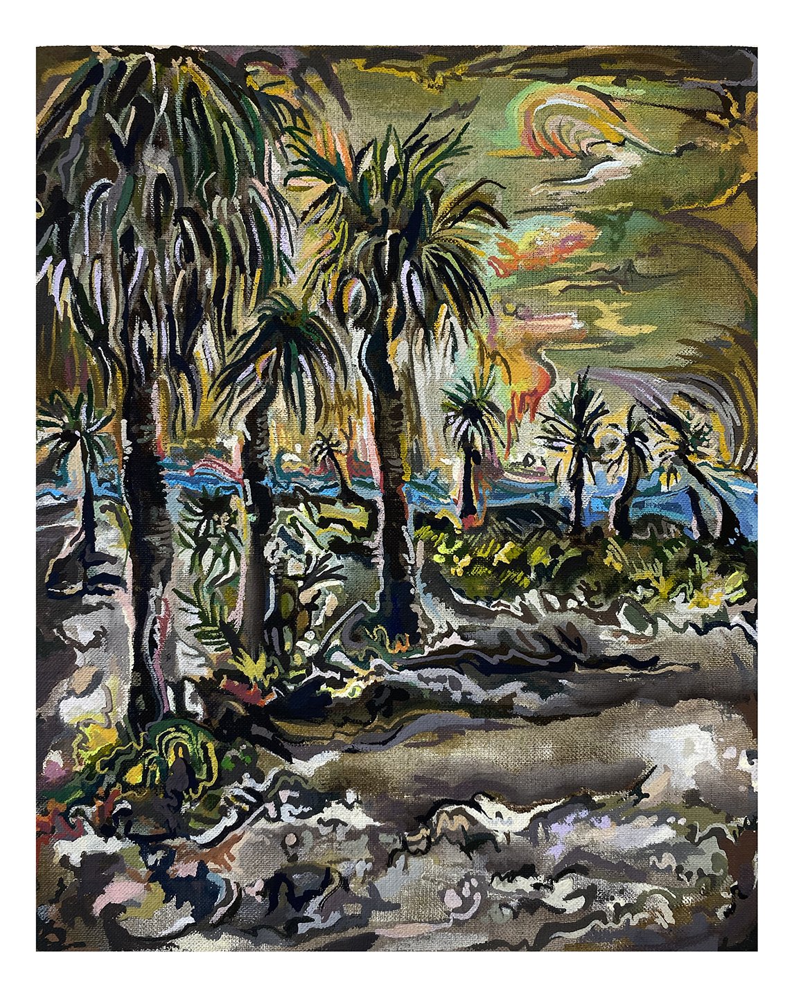  Maria Calandra, Palm Trees near Tarpon Springs, 2021, acrylic on linen over panel, 10 x 8 inches 
