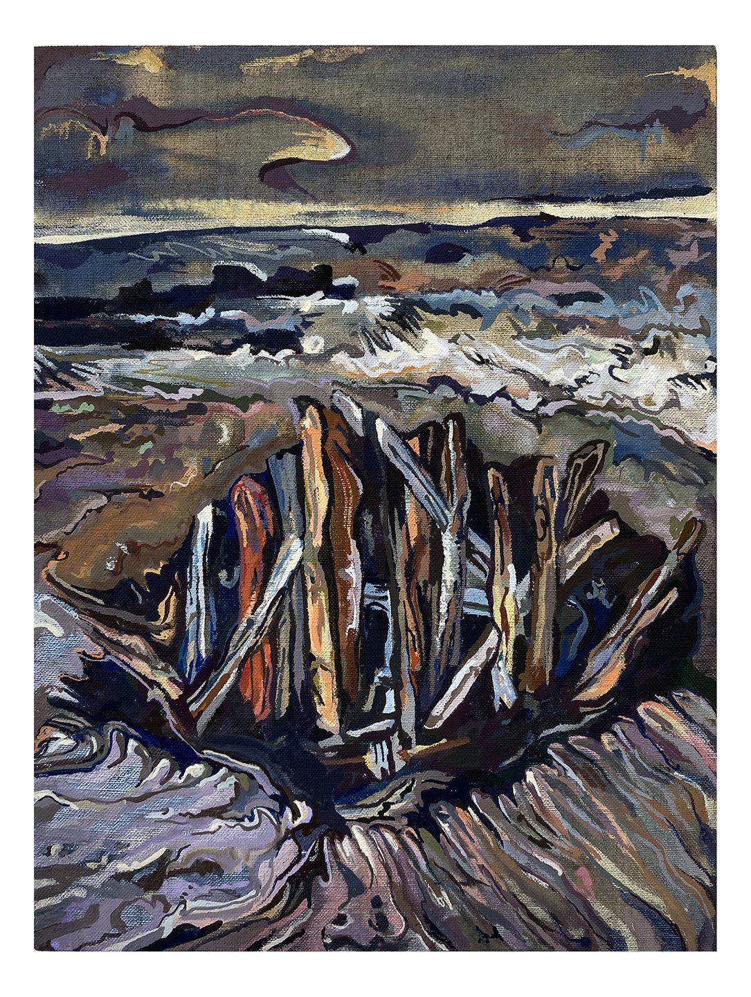  Maria Calandra, Driftwood in a Hole at Walk on Beach, 2021, acrylic on linen over panel, 12 x 9 inches 