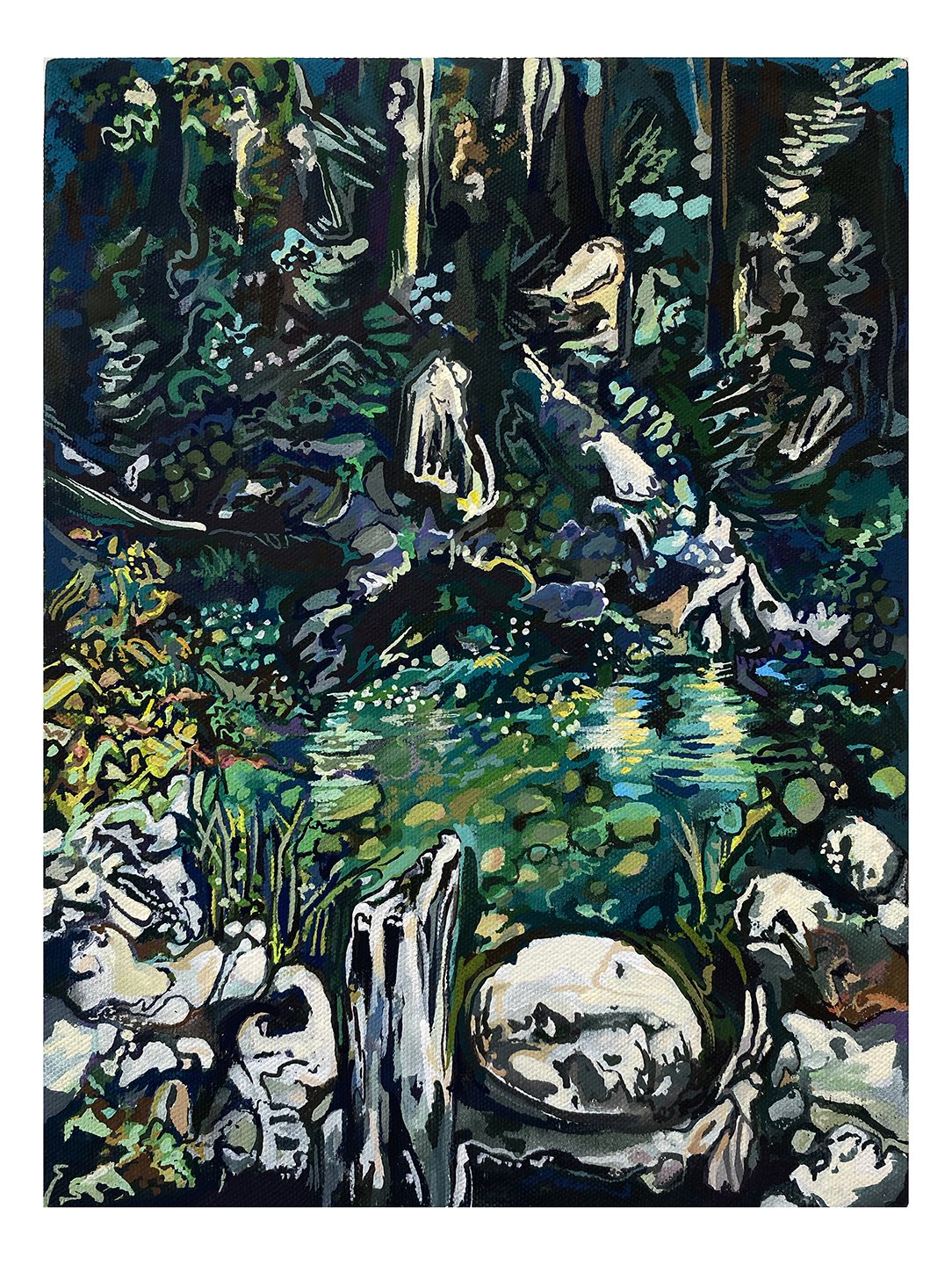  Maria Calandra, North Yuba River Swim, 2021, acrylic on green cotton canvas, 12 x 9 inches 