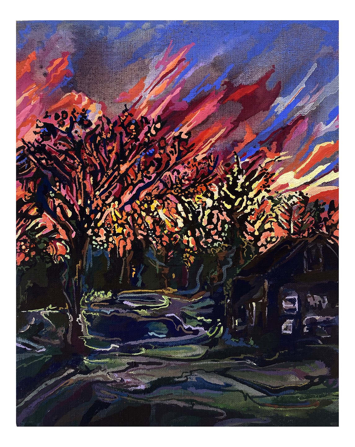  Maria Calandra, Spring Sunset Behind Court’s Farm, 2021, acrylic on linen over panel, 10 x 8 inches 