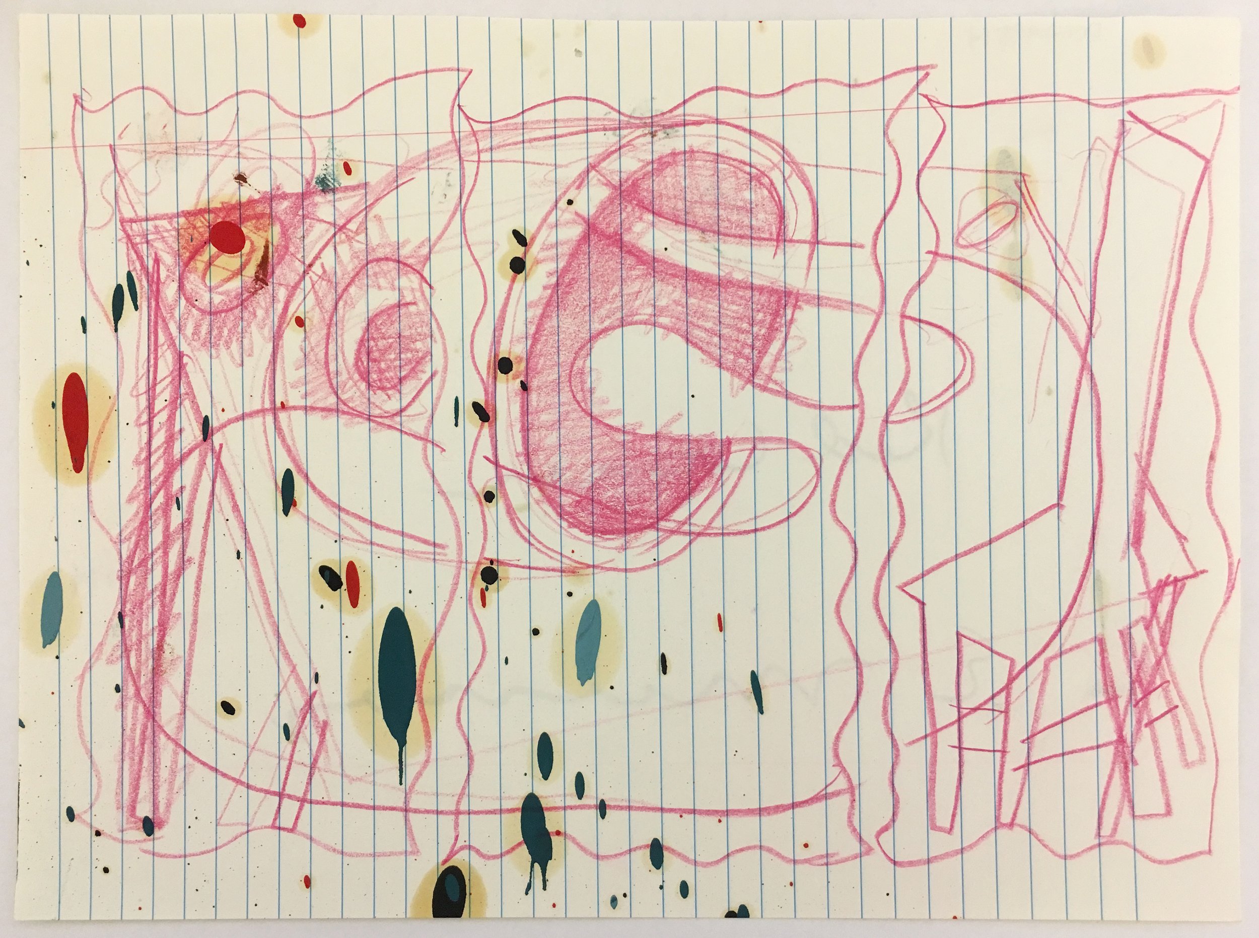  Elizabeth Murray, Red Corner, 1995, colored pencil on lined notebook paper with oil paint, 7.25 x 9.31 inches. Collection of Jason Andrew + Norman Jabaut, Brooklyn.© 2021 The Murray-HolmanFamily Trust / Artists Rights Society (ARS), New York. 