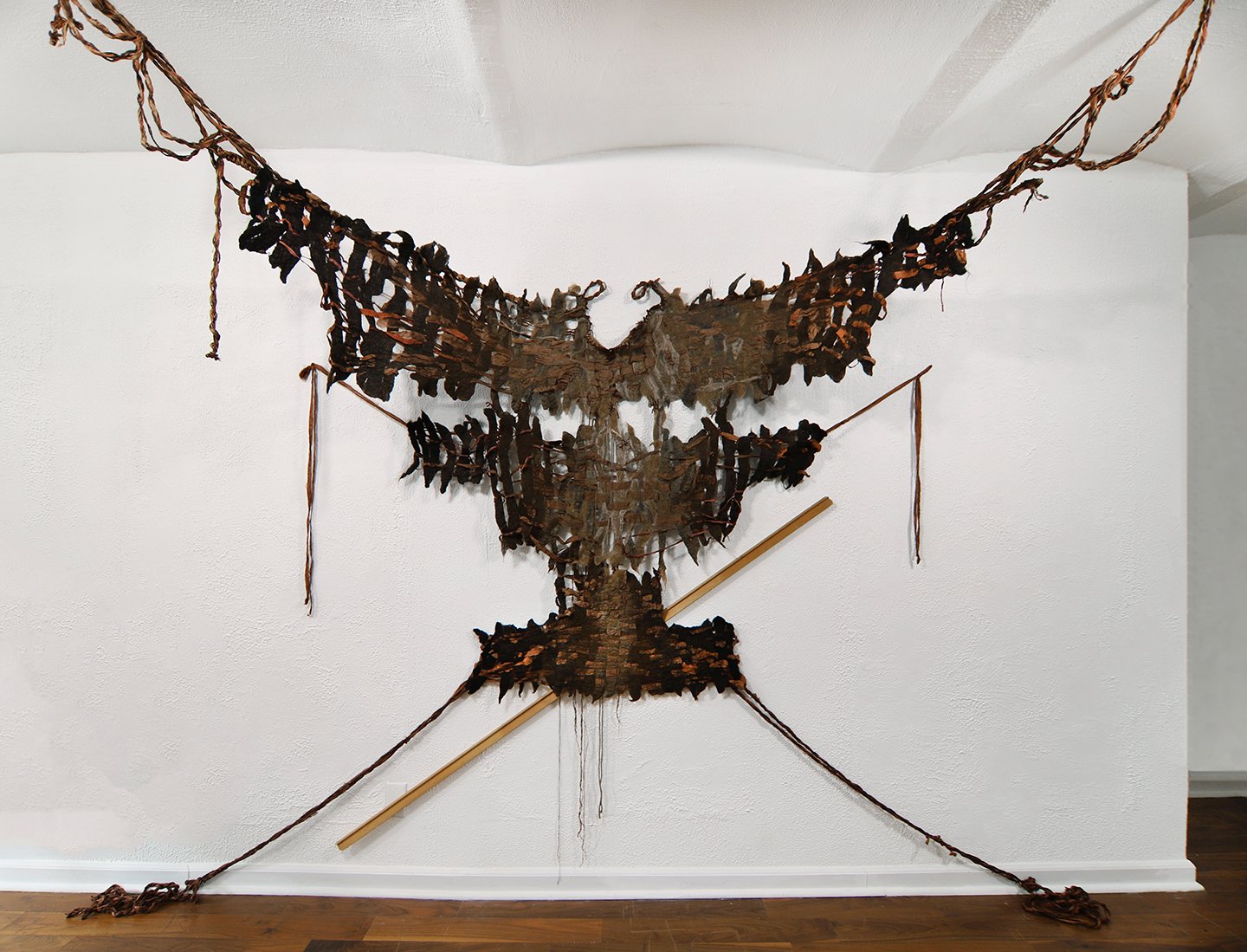  Kira Dominguez Hultgren,  The Eagle Doesn’t Fall Far from the Tree , 2022, CA wool, grandma's silk, artist's hair, LA jute, PVC, wood, 96 x 105 x 36 inches (variable) 