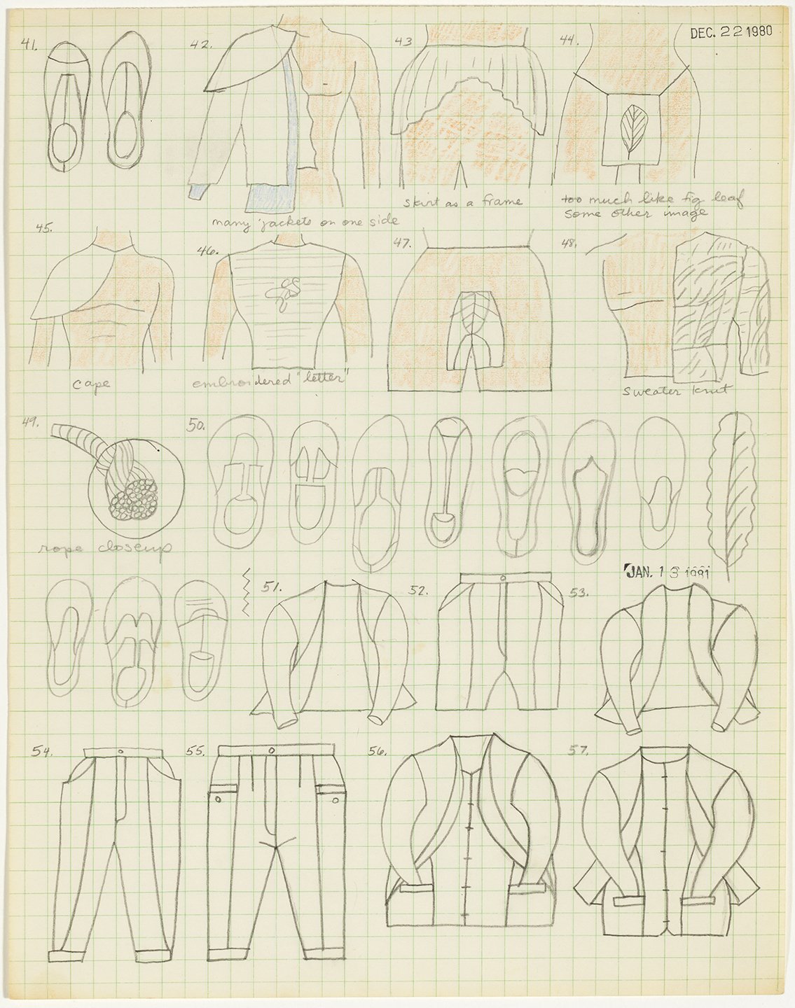  Christina Ramberg,  Untitled (undergarments, shoes, jackets) , c. 1980-81, pencil, colored pencil and date stamp on graph paper, 15 x 12.5 inches (framed). Courtesy of the Estate of Christina Ramberg and Corbett vs. Dempsey, Chicago 