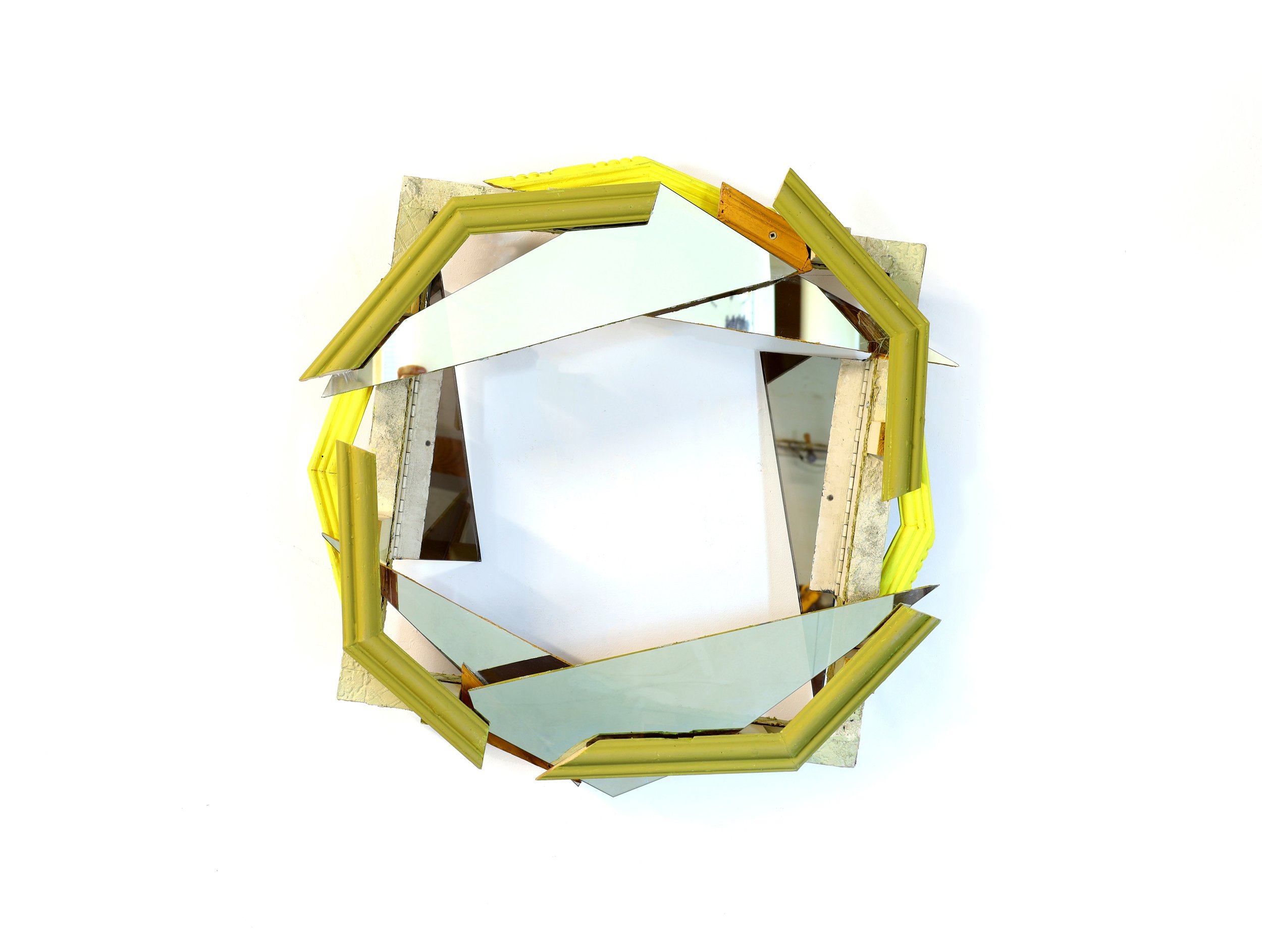  Heather Rowe,  The Idler , 2022, found frames, one-way mirror, mirror, wood, fabric, paint, glass beads, 24 x 24 x 8 inches 