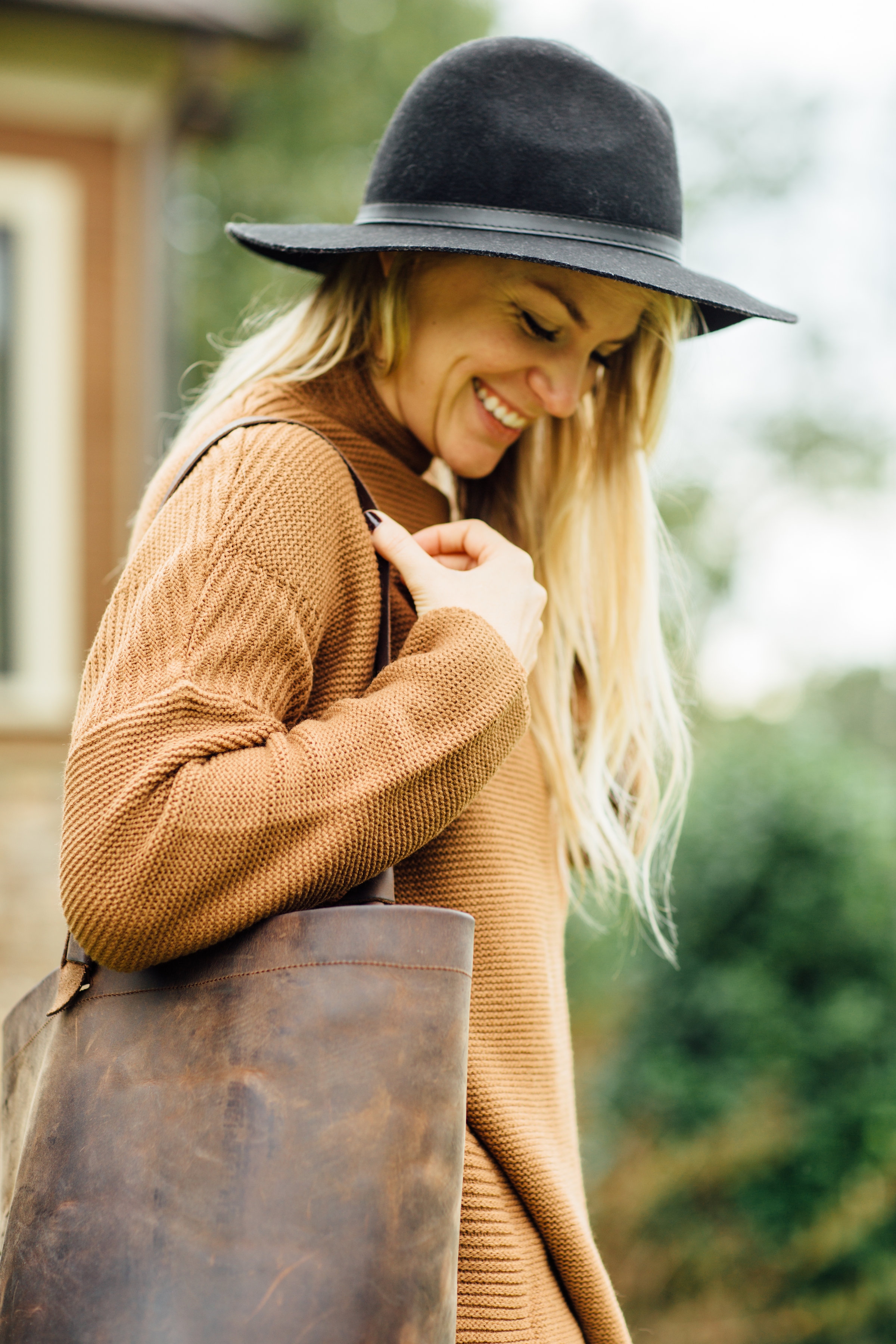 Jillian Edwards in the Scotland Sweater in camel (shop in our store!)