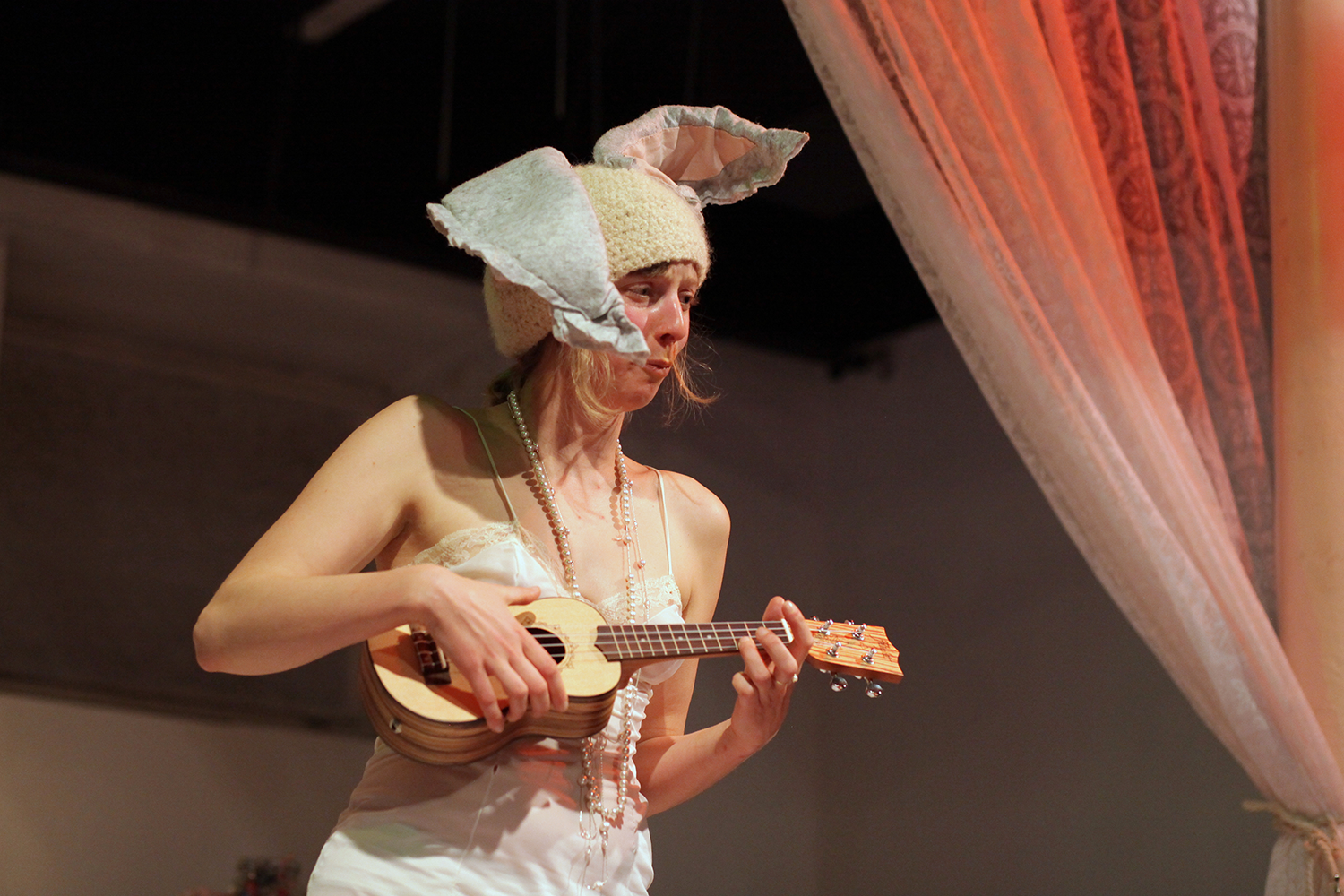 Lulu Lapin singing her Sad Sad Bunny song, with an unusual costume - usually she is in full bunny suit.