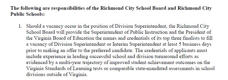 Richmond City Public Schools MOU language regarding Local School Board responsibilities during Superintendent vacancy. 