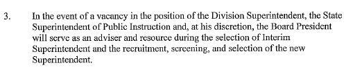 Petersburg City Public Schools MOU language regarding VBOE responsibilities during Superintendent vacancy. 