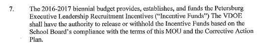 Petersburg City MOU language regarding incentive funds. 