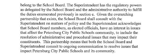 Petersburg City Public Schools MOU language regarding School Board power. 