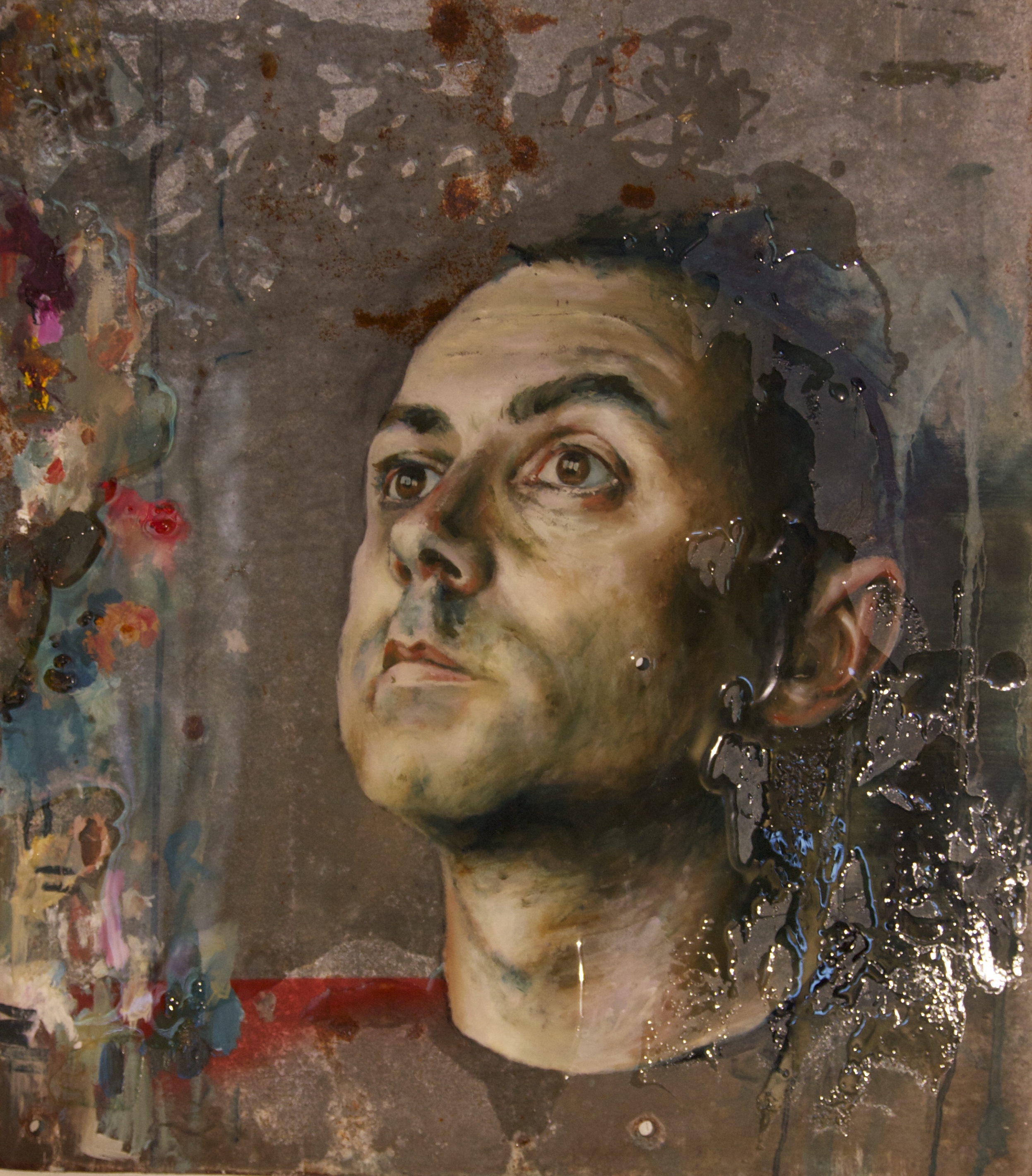 Male head on Zinc. Palette portrait. Oil and resin on recycled Zinc (SOLD)