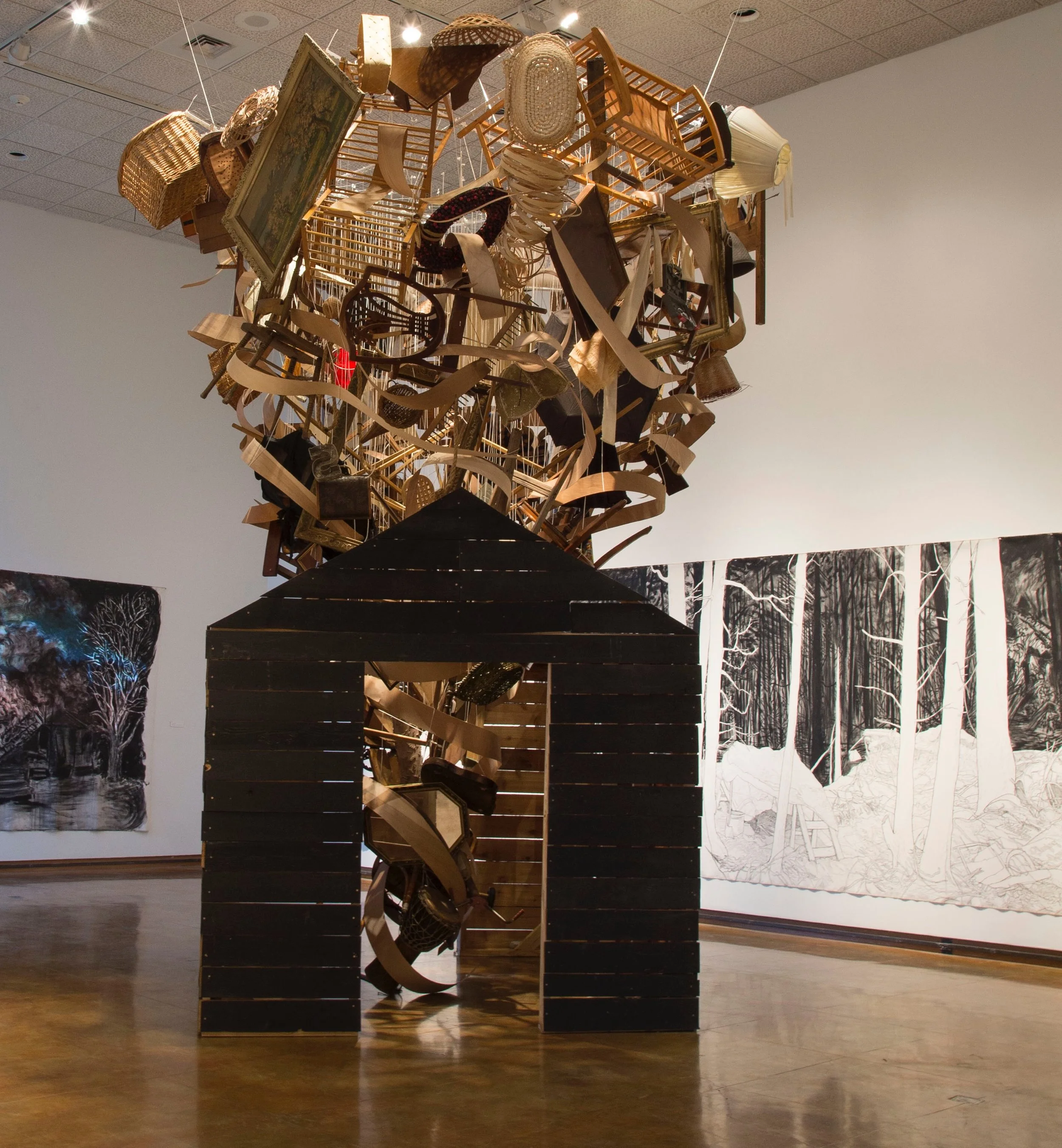 Hollis Hammonds, Up in Smoke (installation at Dishman Art Museum), 2016, Found objects, string, wood & hardware