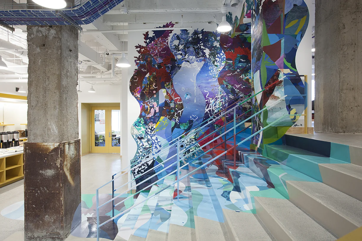 Katherine Tzu-Lan Mann Breaker, 2018 Acrylic, latex paint and collage on walls and stairs at Facebook Washington DC 5 x 30 x 30 ft.