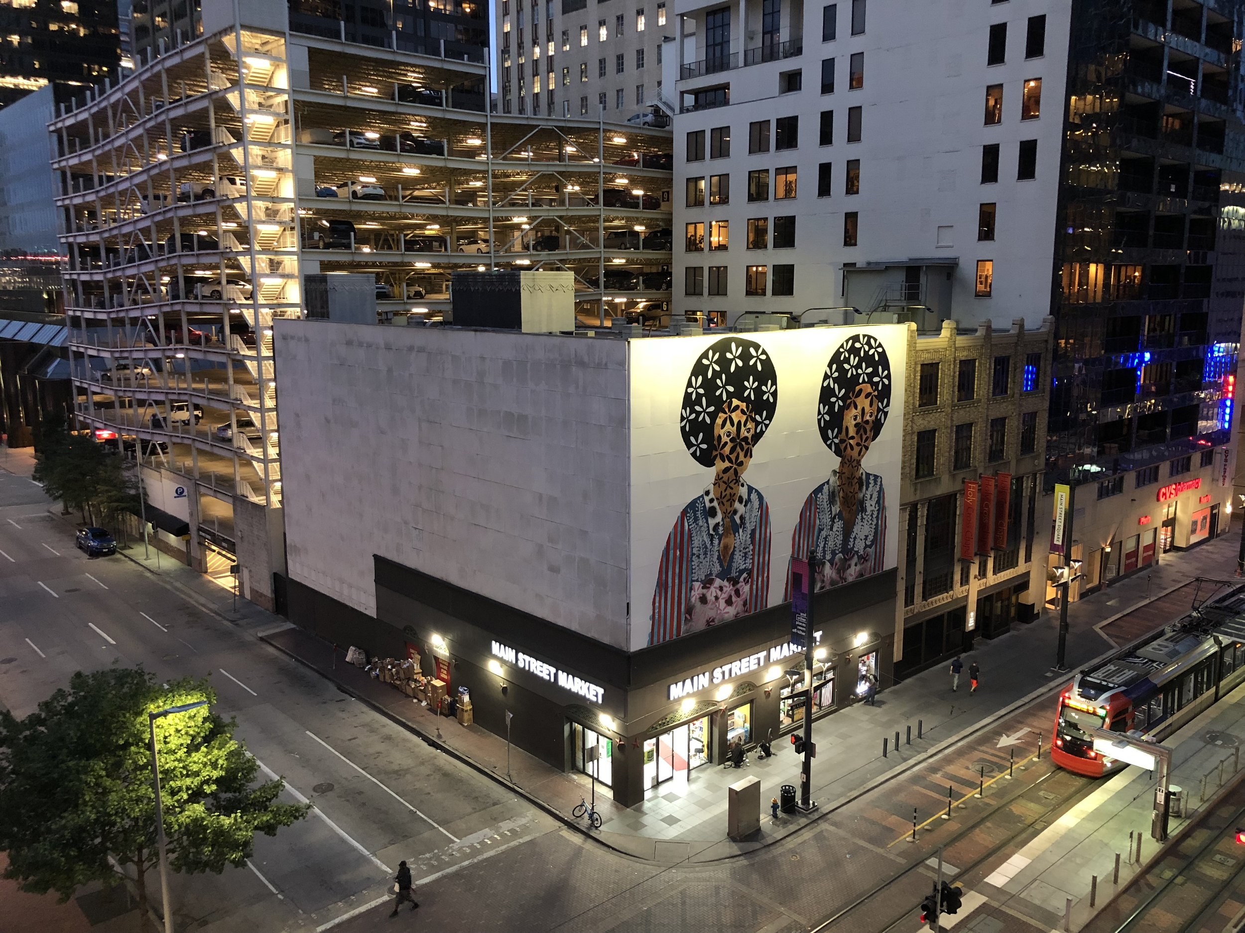 Jasmine Zelaya Twins Main Street Marquee Night View, 2018 Vinyl affixed on the Façade of 901 Main Street in downtown Houston’s Main Street Square 120 x 168 in.
