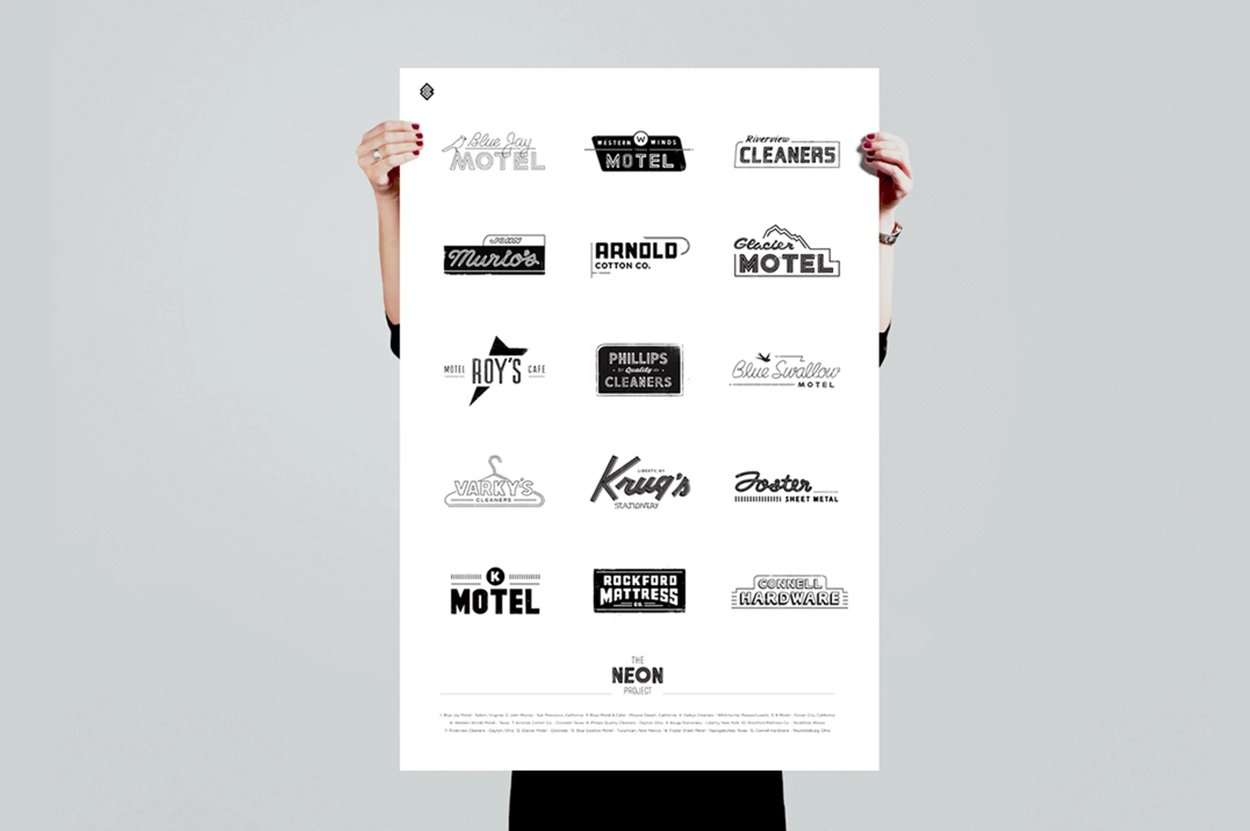 The Neon Project is a self-directed project in which I rebranded old neon signs as typographic logos. It felt important to me to share the great typography of old neon signs before they were completely destroyed, and left illegible. Each logo is digitally hand lettered. 