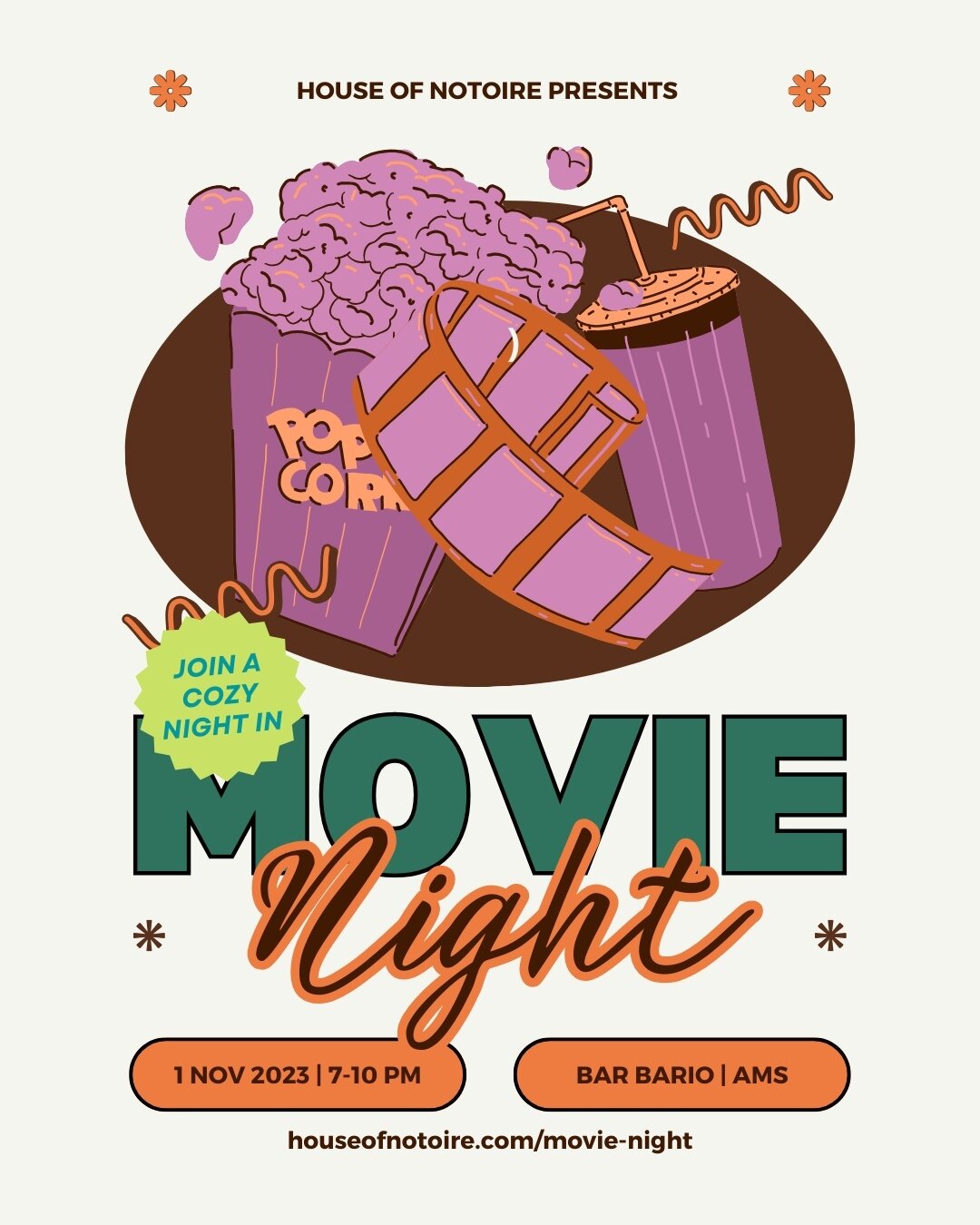 As we close out this year's HON event calendar, with only two more events to go. We're excited to bring you all together for a cozy movie night 🎥🍿⁠
⁠
Join us on Wednesday, November 1st, at Bar Bario (Amsterdam) for a fun movie night like no other! 