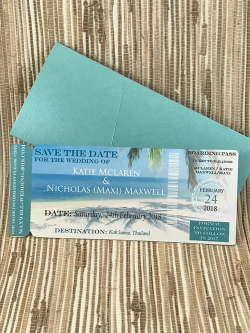 Aqua Blue Wedding Boarding Pass Ticket Passport Wedding Save Date Elope Invitation Card Magnet Destination Cancun Beach Nautical Travel Gree Goldno8 Paper Paper Party Supplies