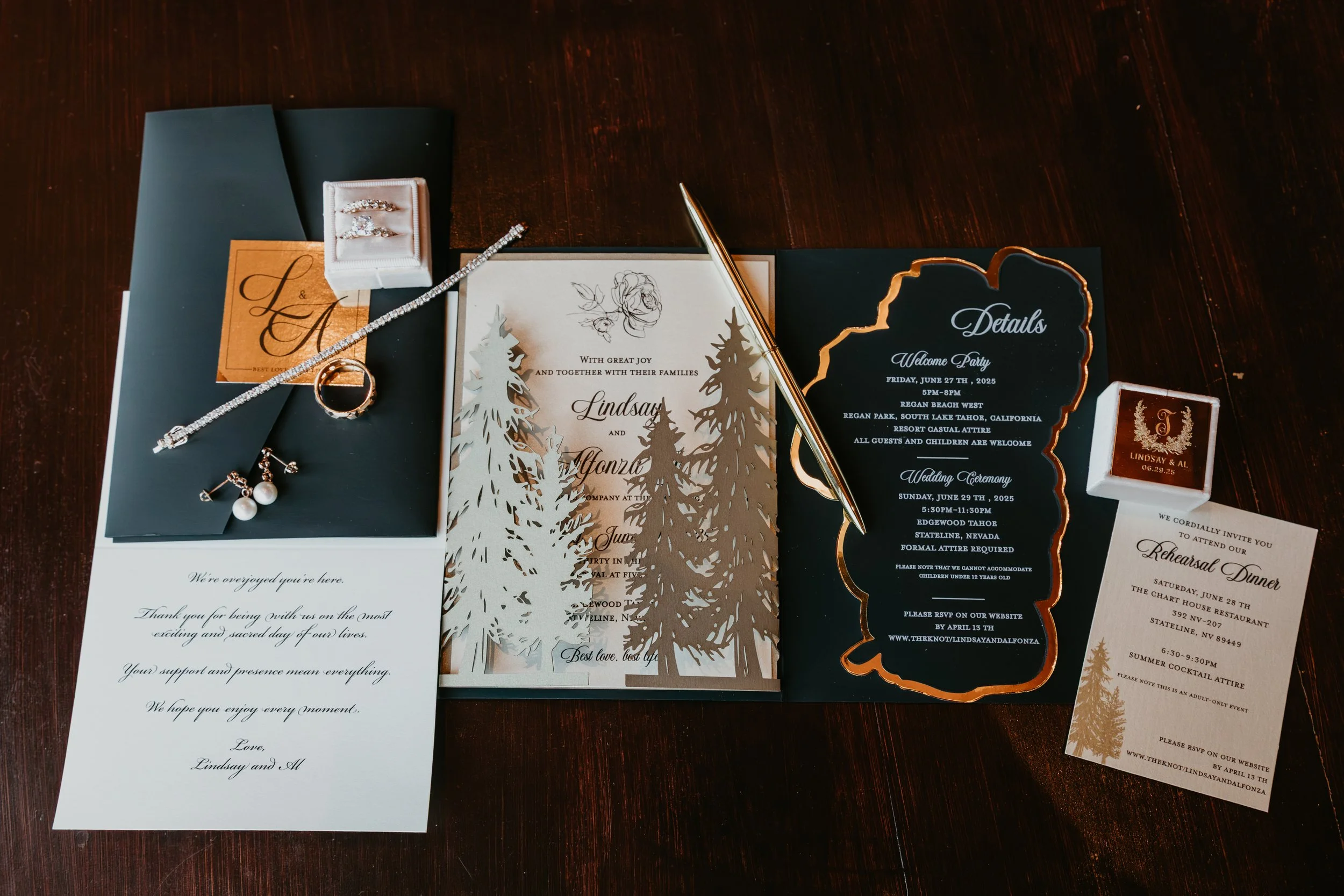 Black and Gold Lake Tahoe Wedding Invitation