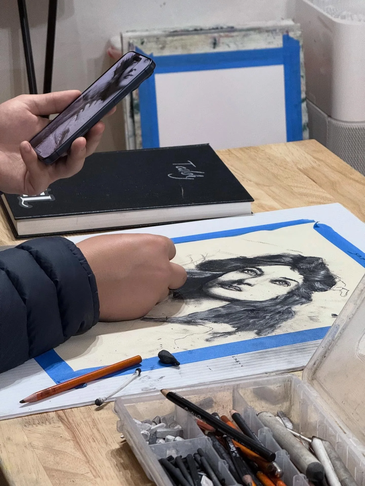 Another day, another teen class. What?! A 14 year old casually knocking out this charcoal portrait. I could watch this all day.