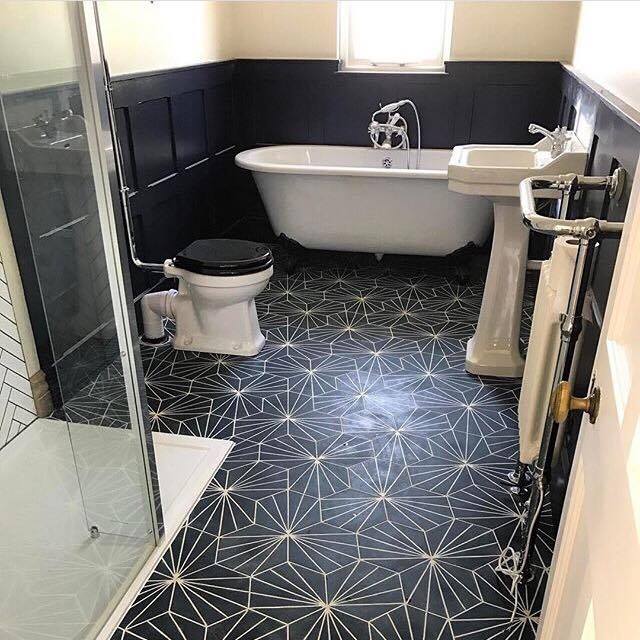 Ok so I have serious tile-envy over Katie from Comedowntothewoods bathroom. I love these geometric tiles and they can be laid in different ways to create different patterns. They bring together the white sanitary ware and panelling perfectly and are a great alternative to standard square or rectangular tiles (even if your tiler will hate you!) And you can just make out her shower tiling using simple white tiles set in a herringbone pattern which looks so good!