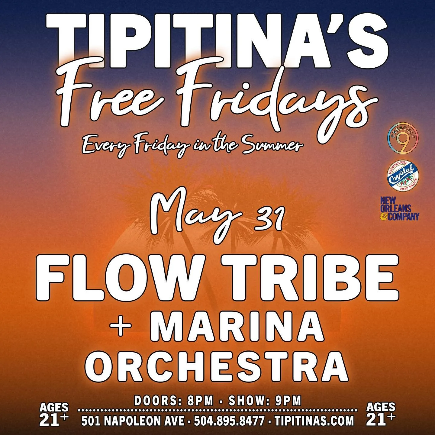 Tonight’s the night! We are so excited to be playing @tipitinas, opening up for our friends @flowtribe! Doors at 8, and we’ll hit right at 9! 🤘🏽🌴🎸 #marinaorchestra #livelocalmusic #freefridays #tipitinas #flowtribe #beachrock