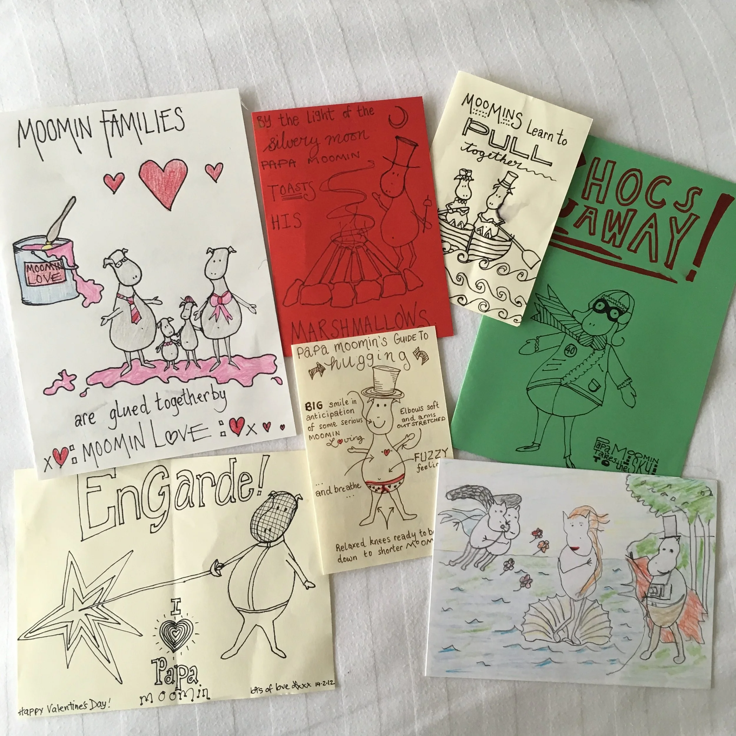 This is a sample of how we do Valentine's Day - Homemade Moomin Cards. Like our family sayings - I have no recollection how we started this but after 16 years we're amassing quite a collection! They no longer look like Moomins but strange creatures that find themselves in a variety of unusual situations. 