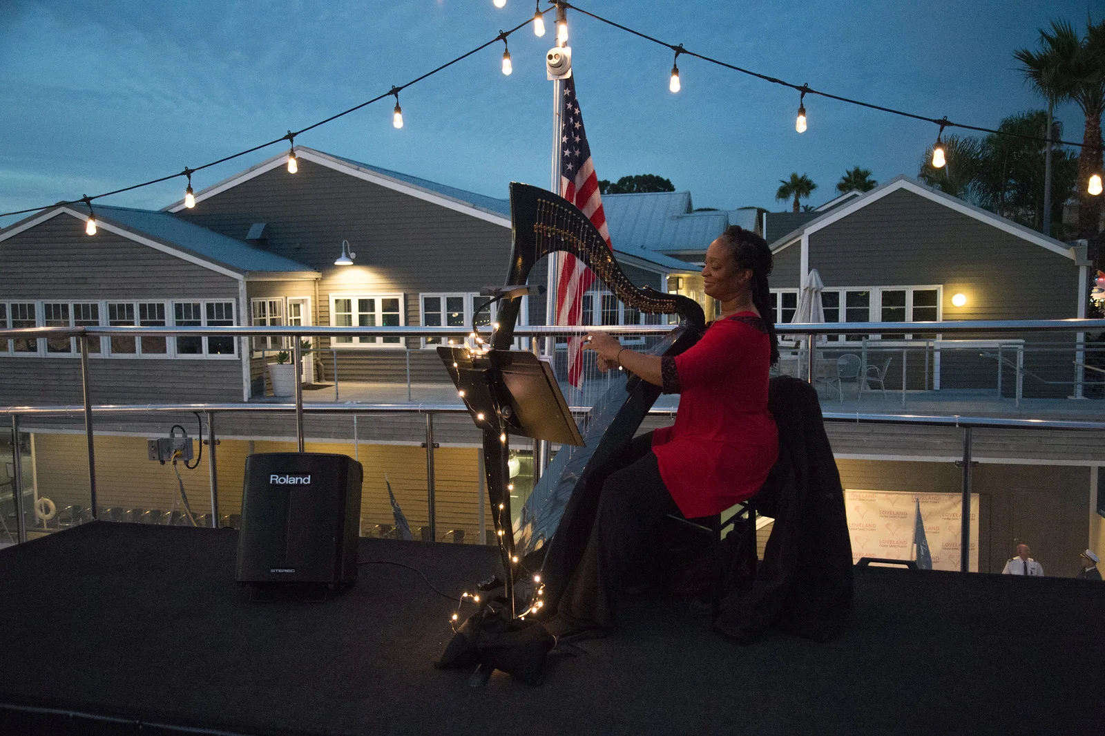 Jennifer Sparks, Harpist and Singer performing on the Sky Deck during cocktail hour. 
